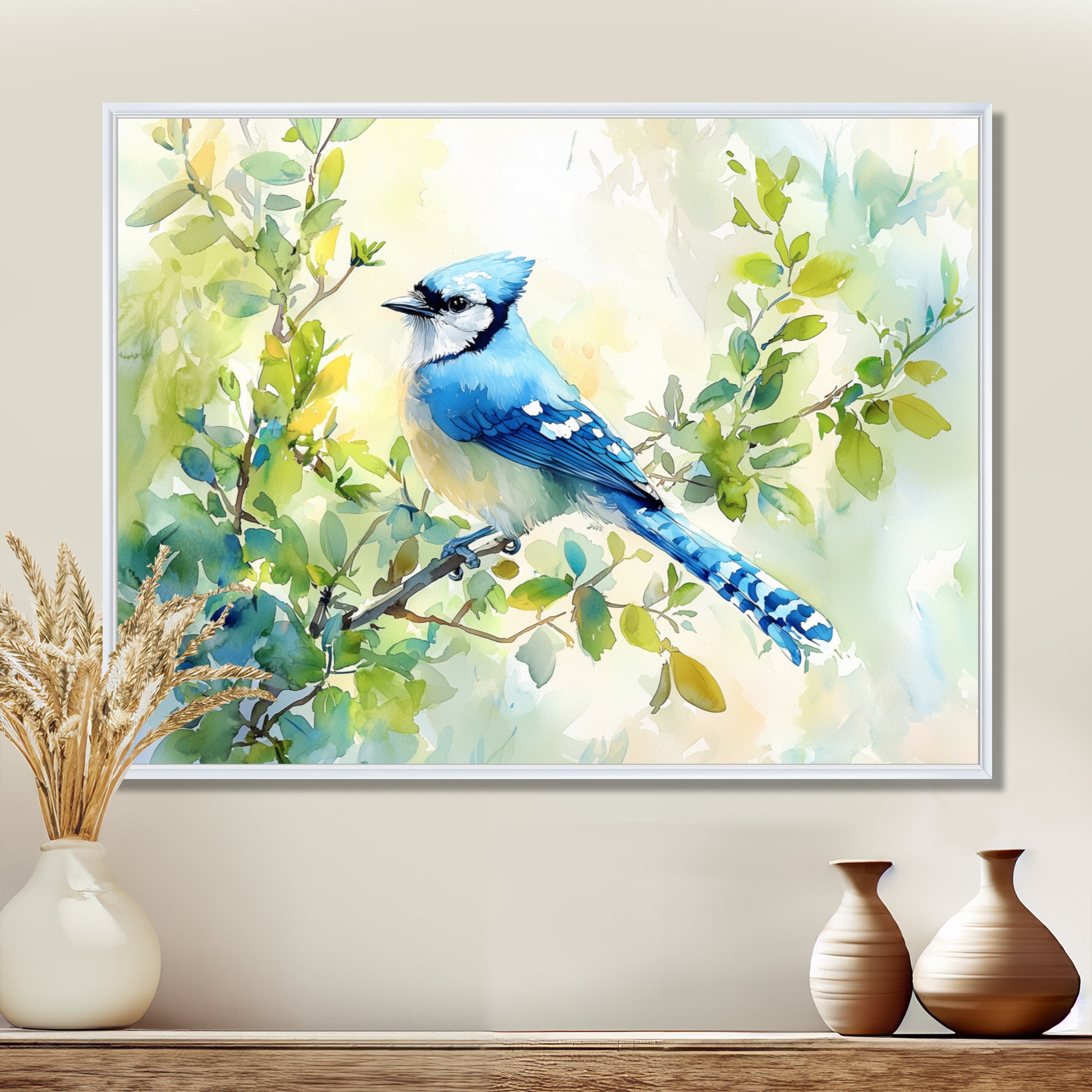 Pastel Blue Jay Perched On A Branch - Bird Living Room Wall Art