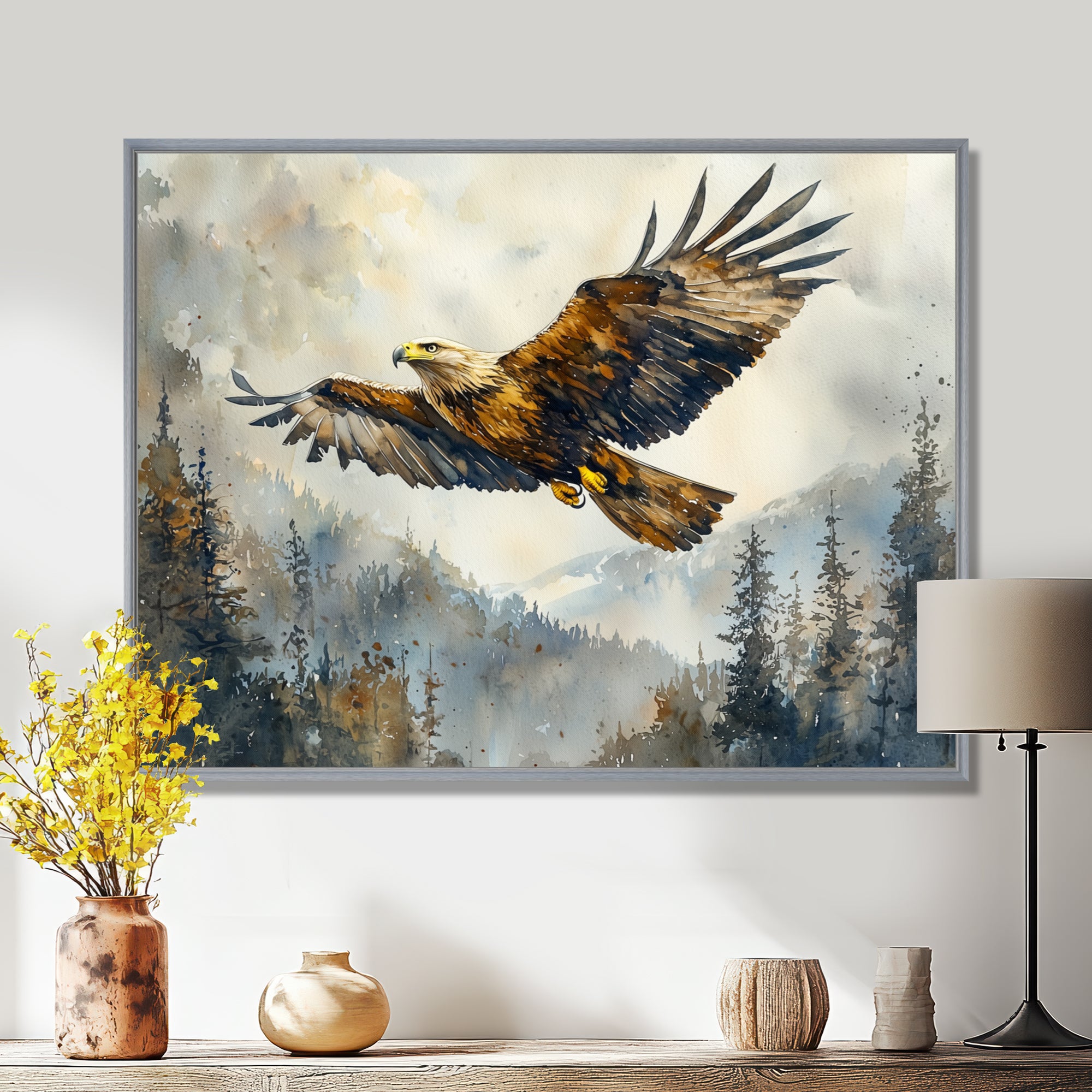 Brown Eagle Soaring Above The Valley - Brown Bird Wall Art