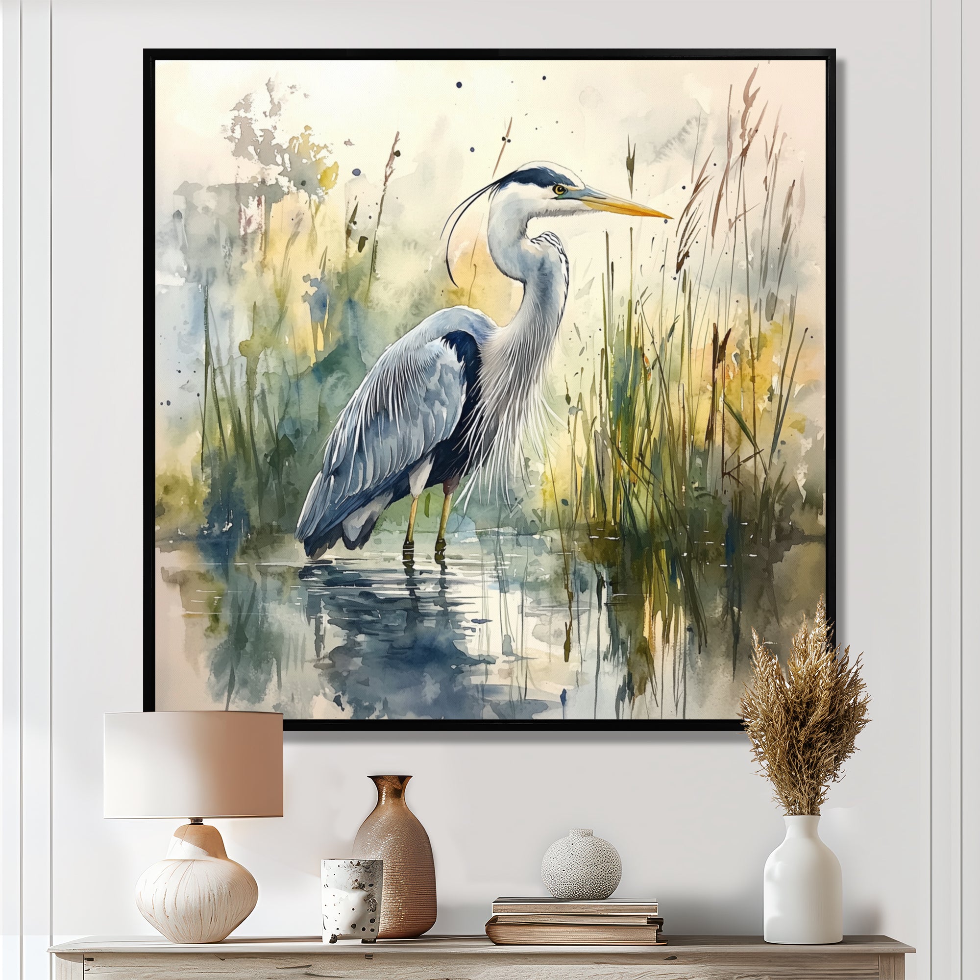 Heron By The Farm Lake - Heron Large Canvas Wall Art