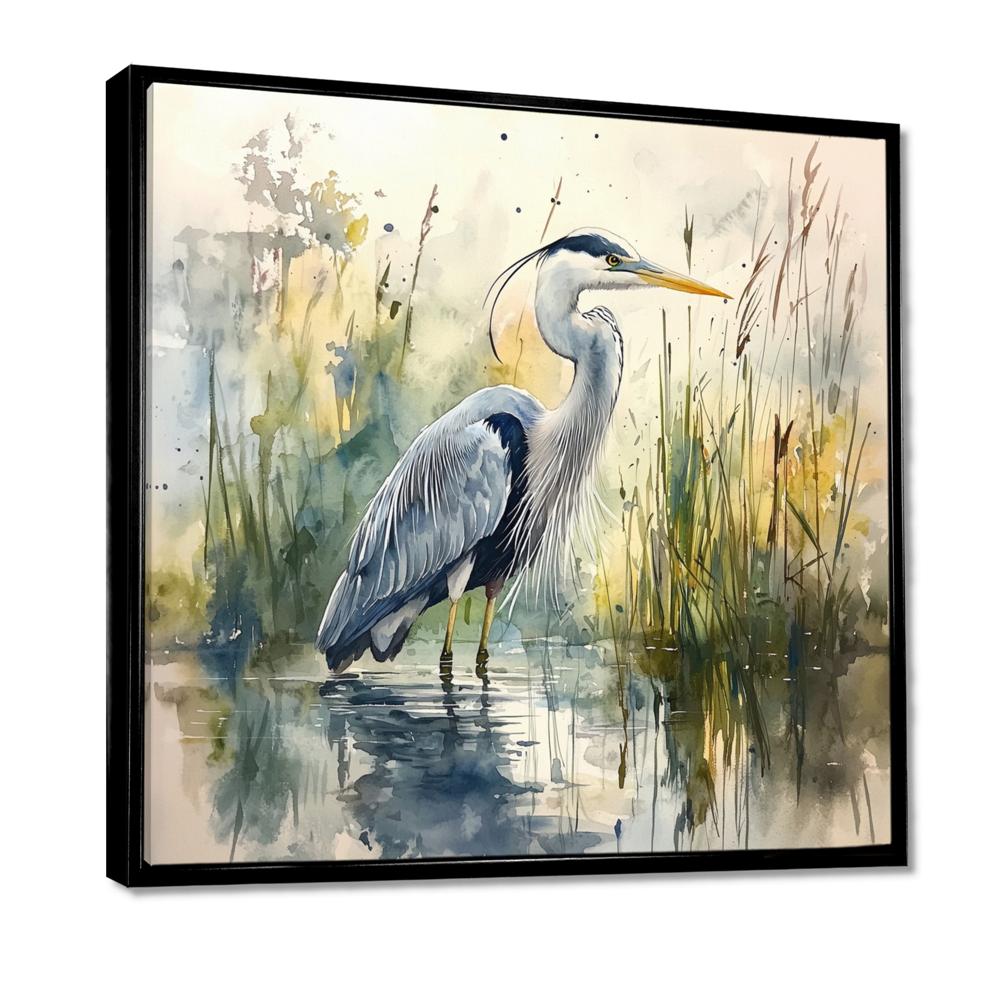 Heron By The Farm Lake - Heron Large Canvas Wall Art
