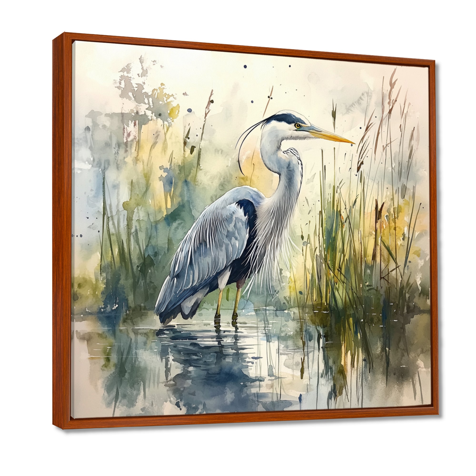 Heron By The Farm Lake - Heron Large Canvas Wall Art