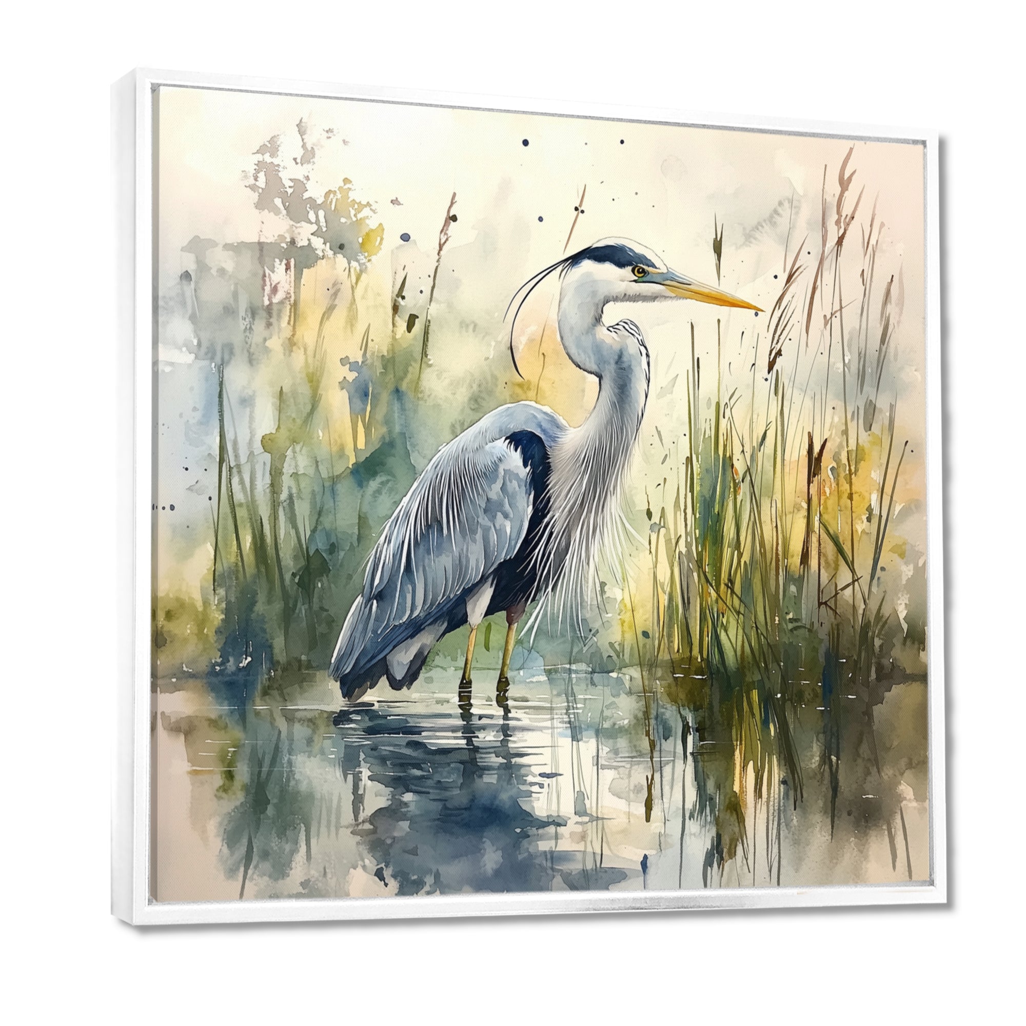 Heron By The Farm Lake - Heron Large Canvas Wall Art