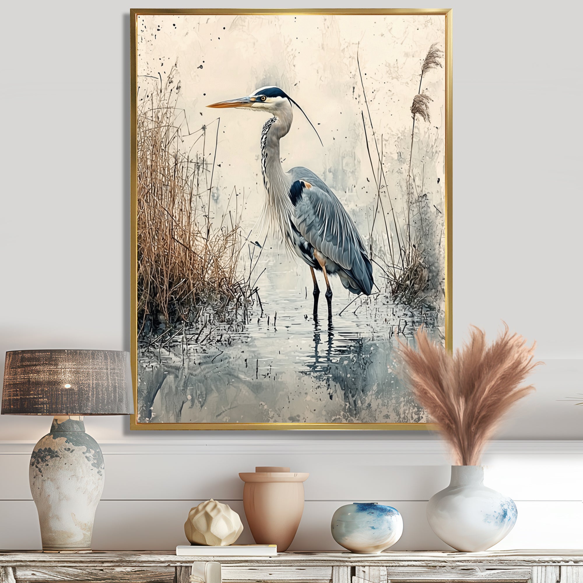 Relaxing Heron In The Marsh - Heron Living Room Wall Art