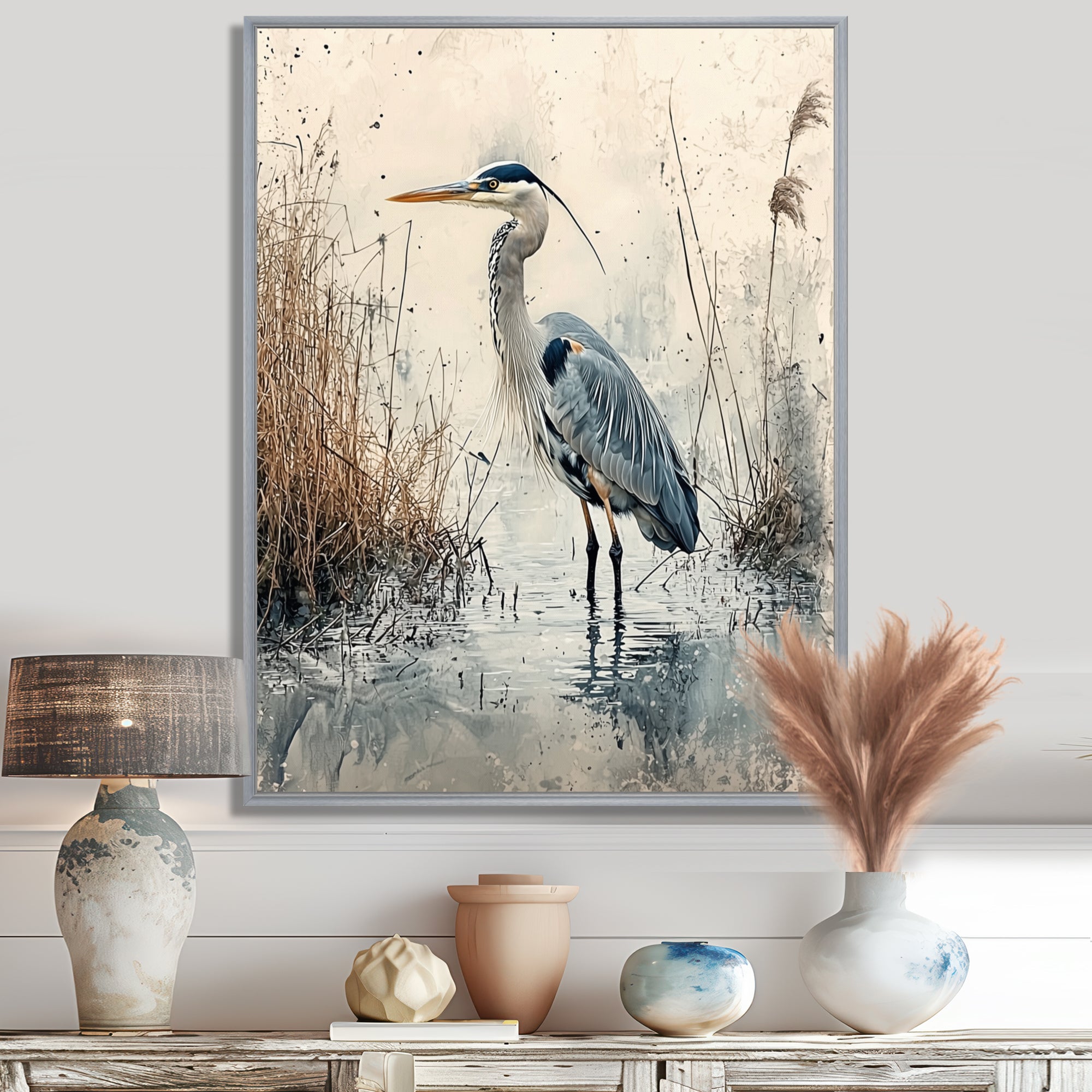 Relaxing Heron In The Marsh - Heron Living Room Wall Art