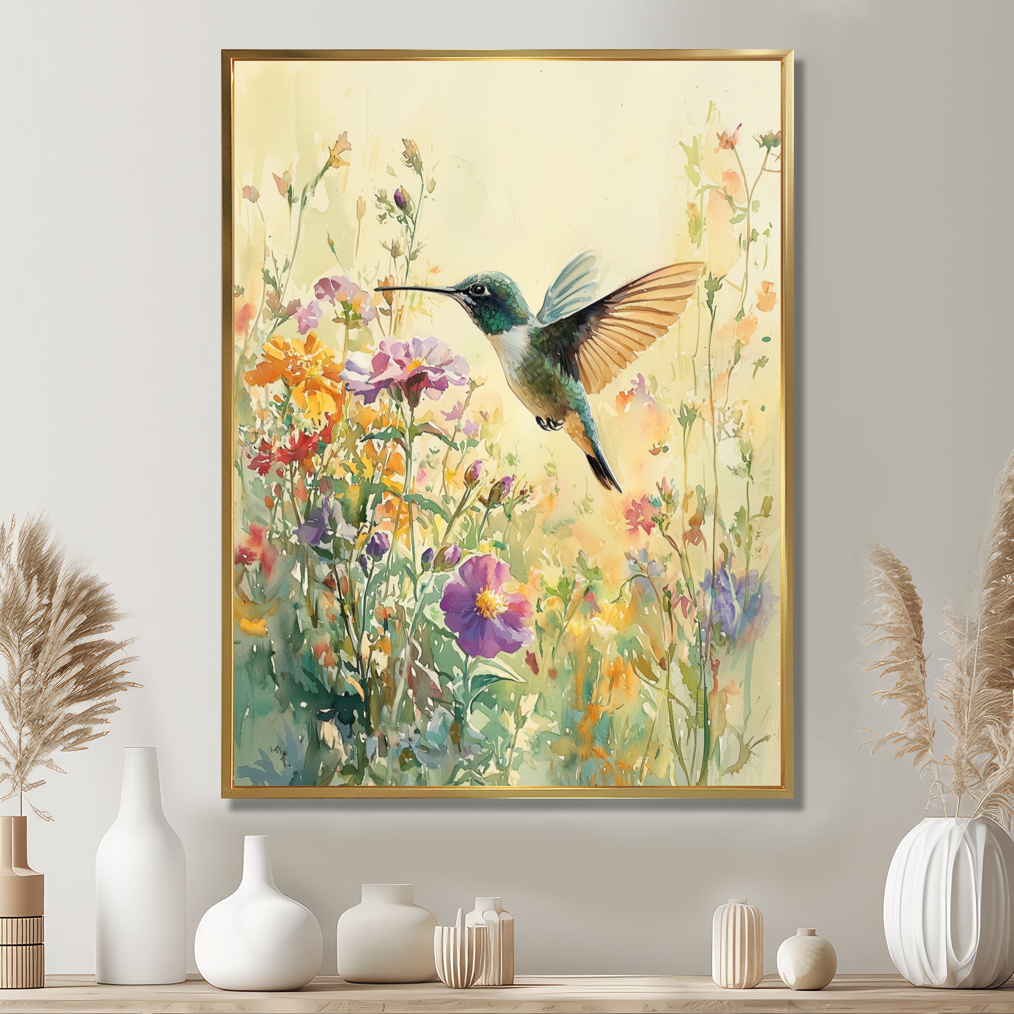 Hummingbird Among The Wildflowers - Bird Bedroom Wall Art