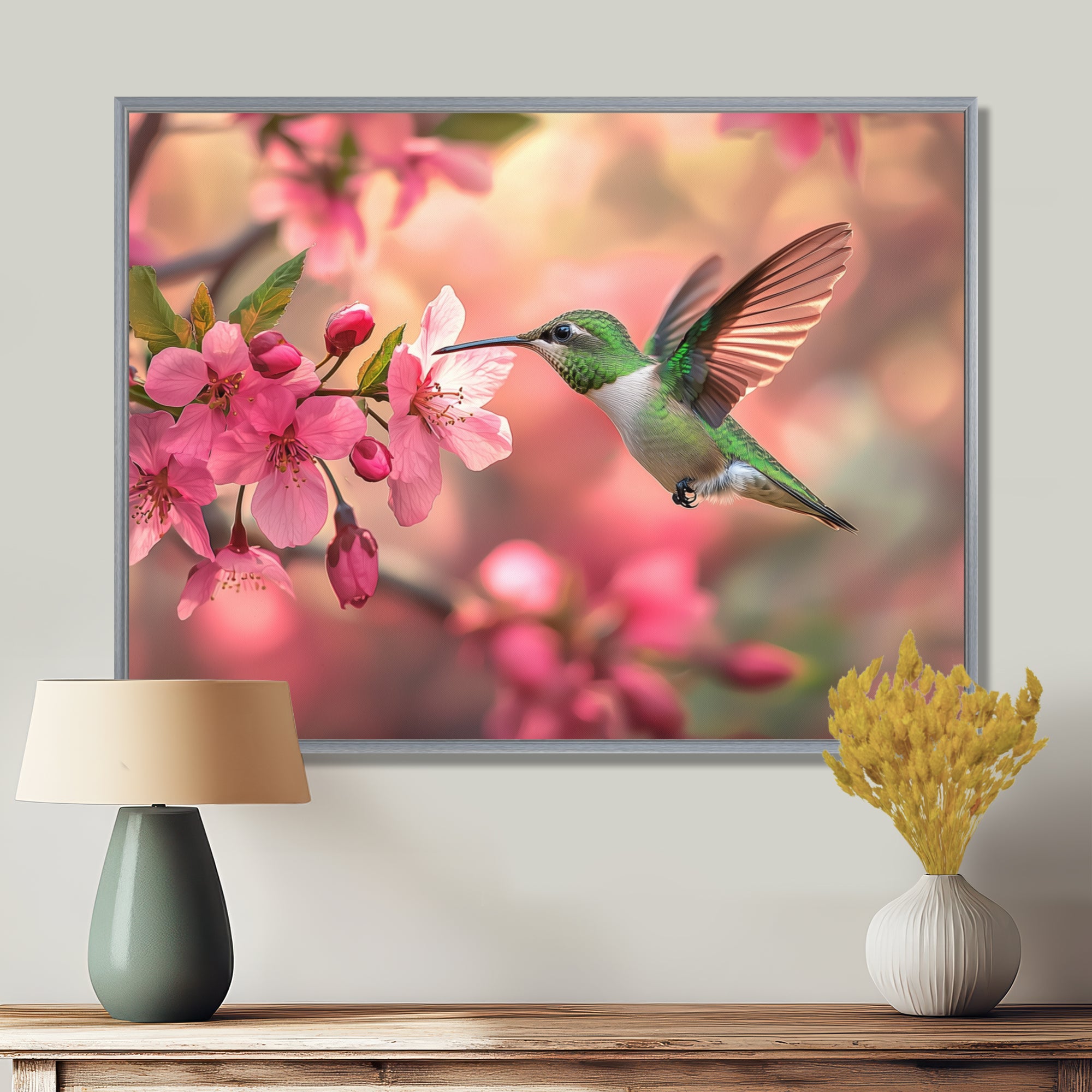 Hummingbird And Blossoms - Bird Canvas Wall Art