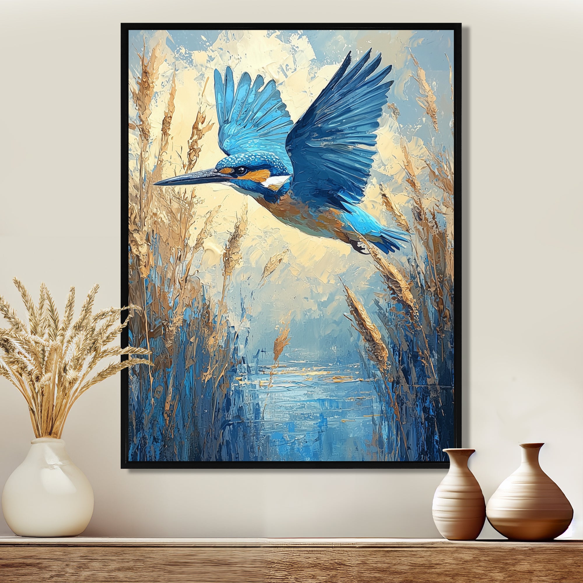 Kingfisher By The Farm River - Bird Framed Canvas Art