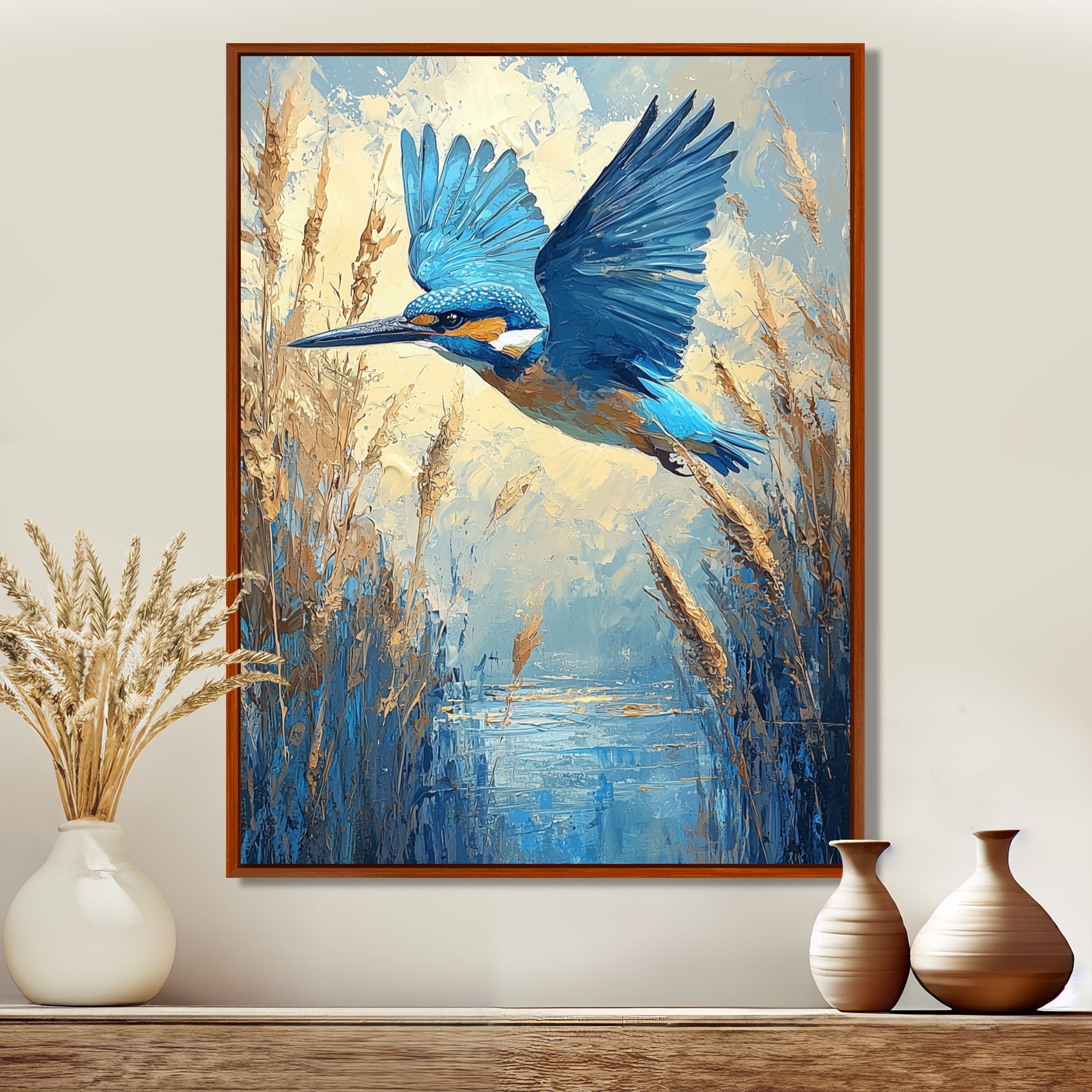 Kingfisher By The Farm River - Bird Framed Canvas Art