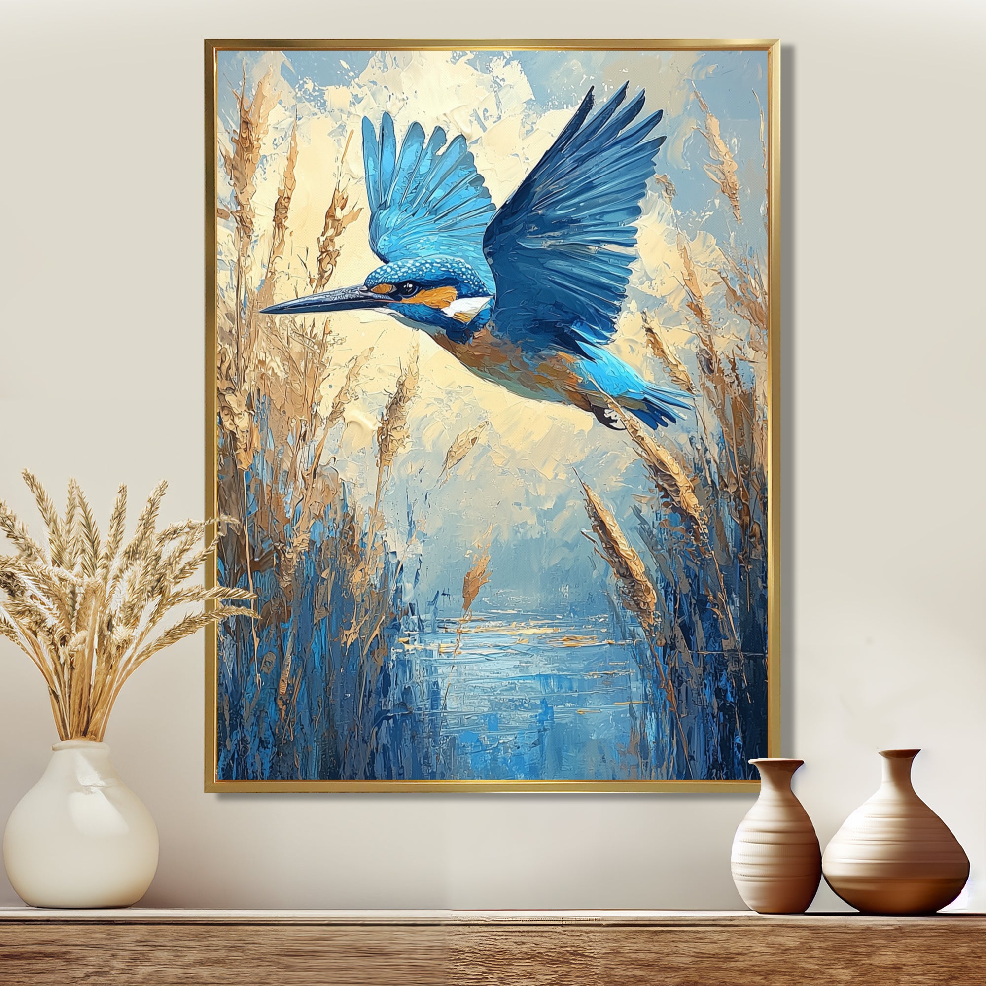 Kingfisher By The Farm River - Bird Framed Canvas Art
