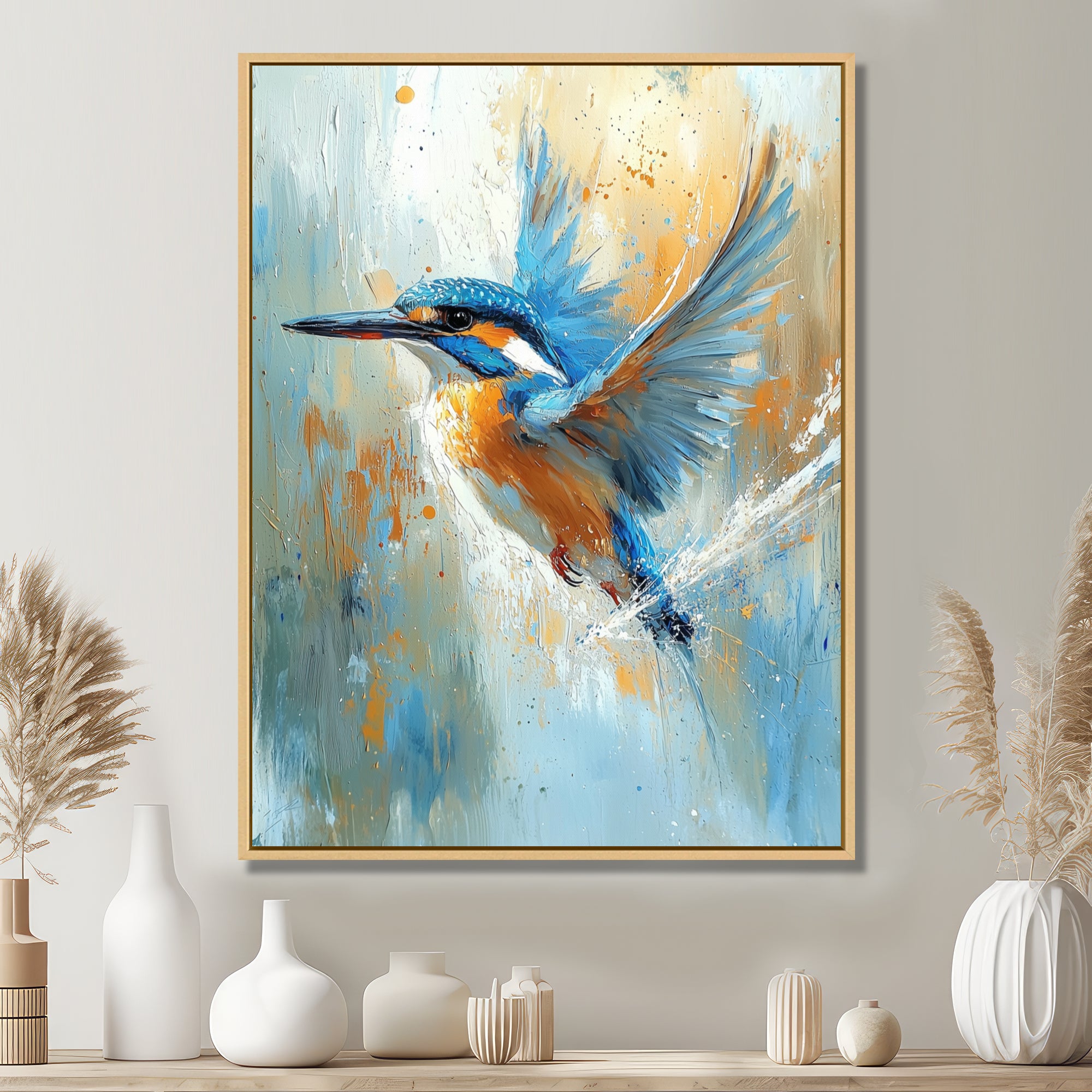 Blue Orange Kingfisher By The River Bird - Bird Living Room Wall Art