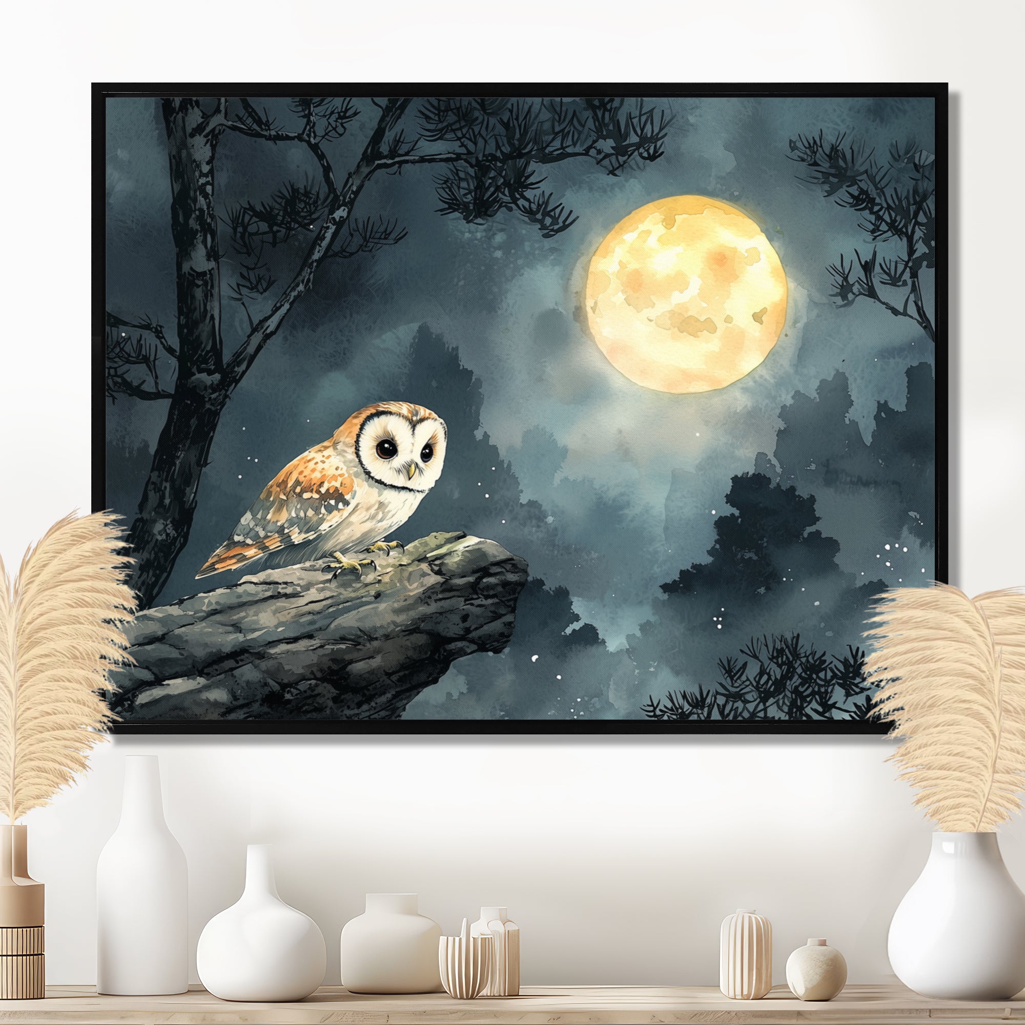 Mistic Owl In The Moonlight - Owl Framed Canvas Art