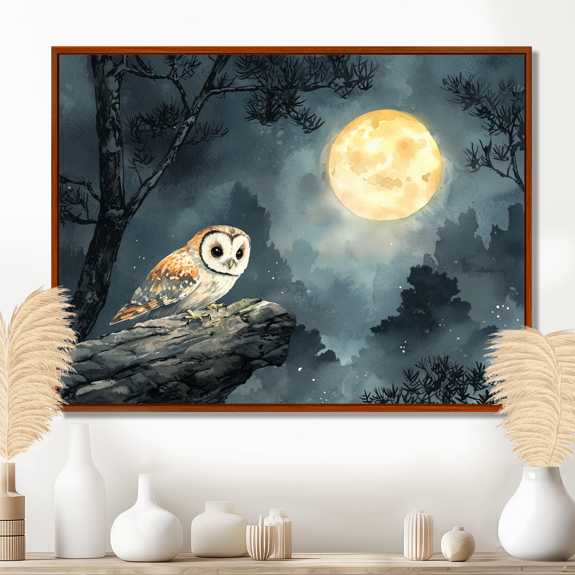 Mistic Owl In The Moonlight - Owl Framed Canvas Art