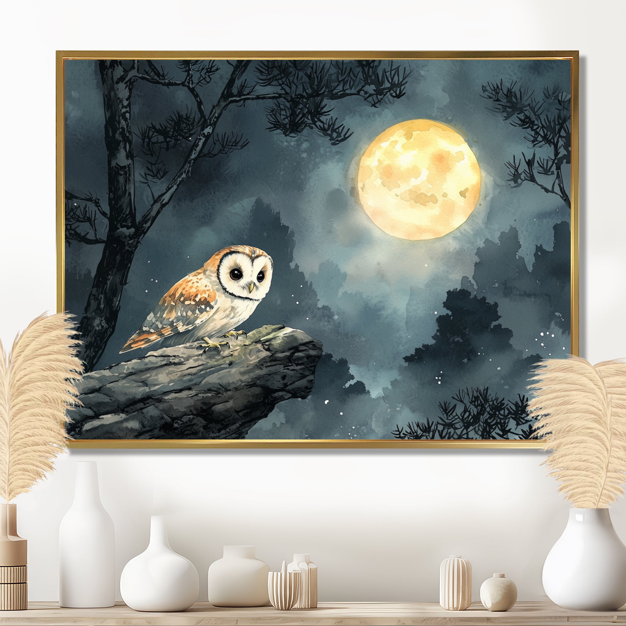 Mistic Owl In The Moonlight - Owl Framed Canvas Art
