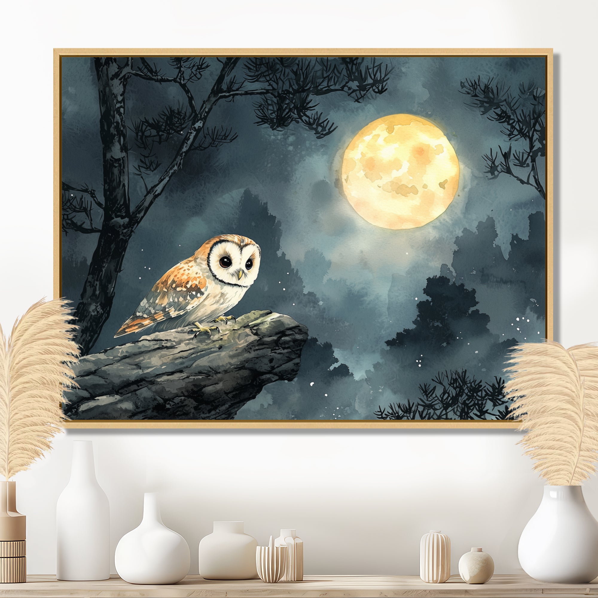 Mistic Owl In The Moonlight - Owl Framed Canvas Art