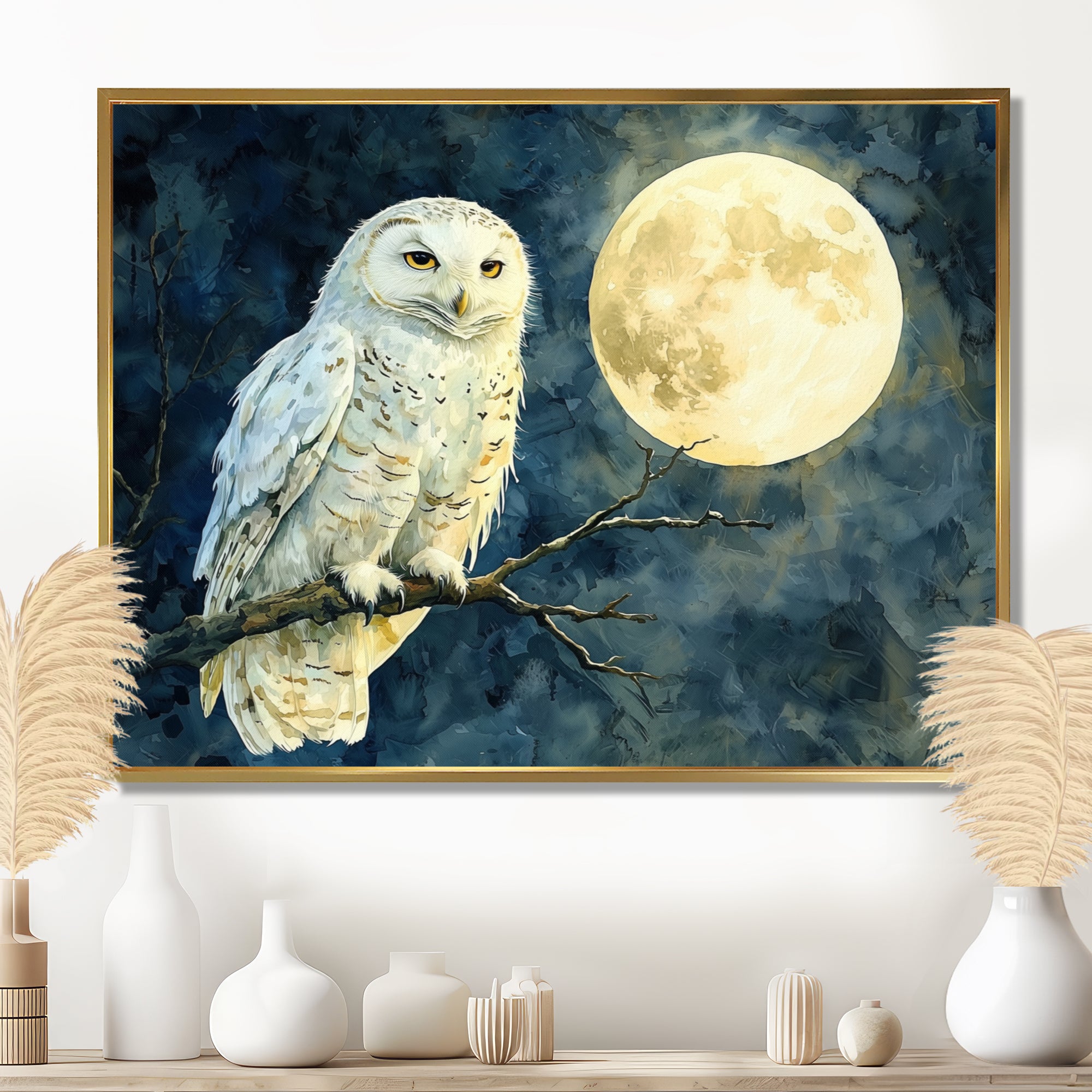 Tranquil Owl In The Moonlight - Owl Living Room Wall Art