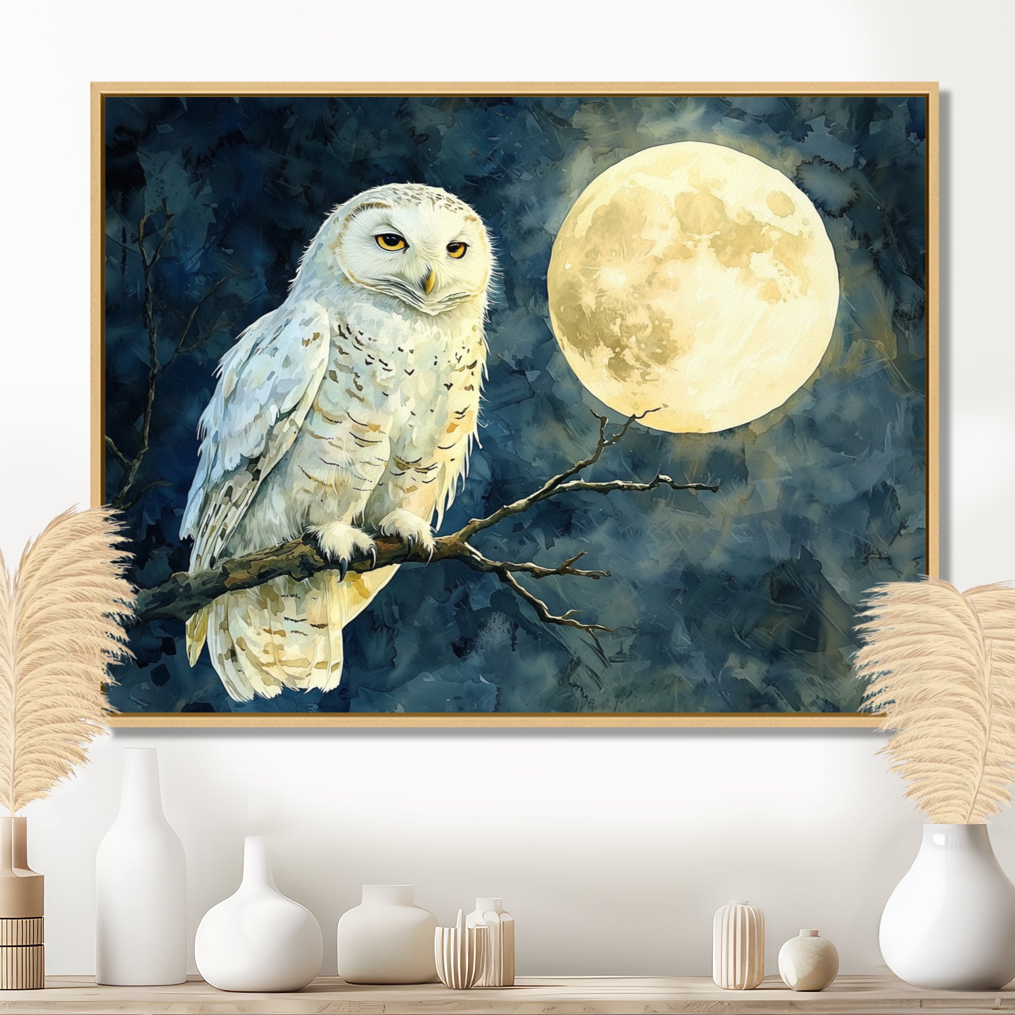 Tranquil Owl In The Moonlight - Owl Living Room Wall Art
