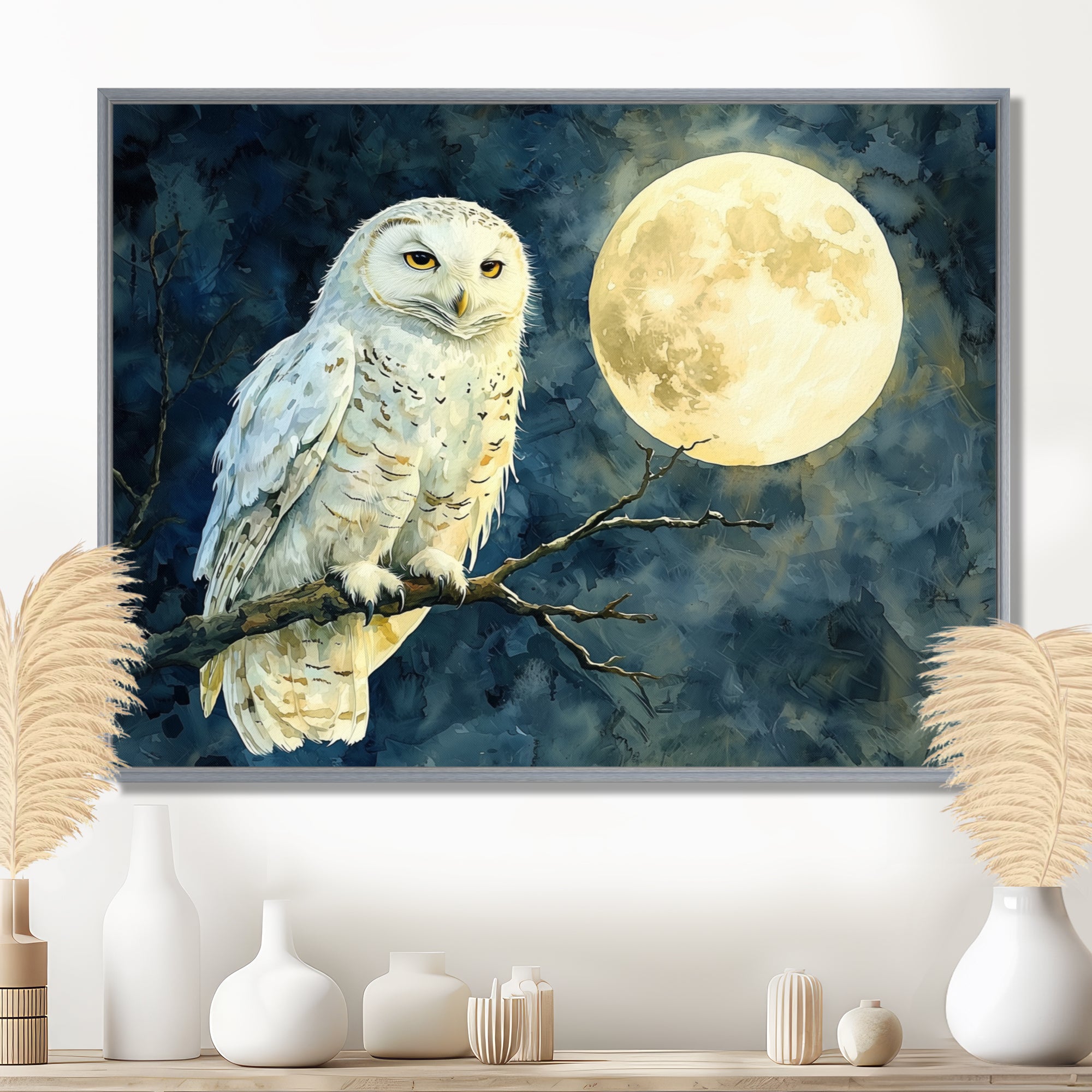 Tranquil Owl In The Moonlight - Owl Living Room Wall Art