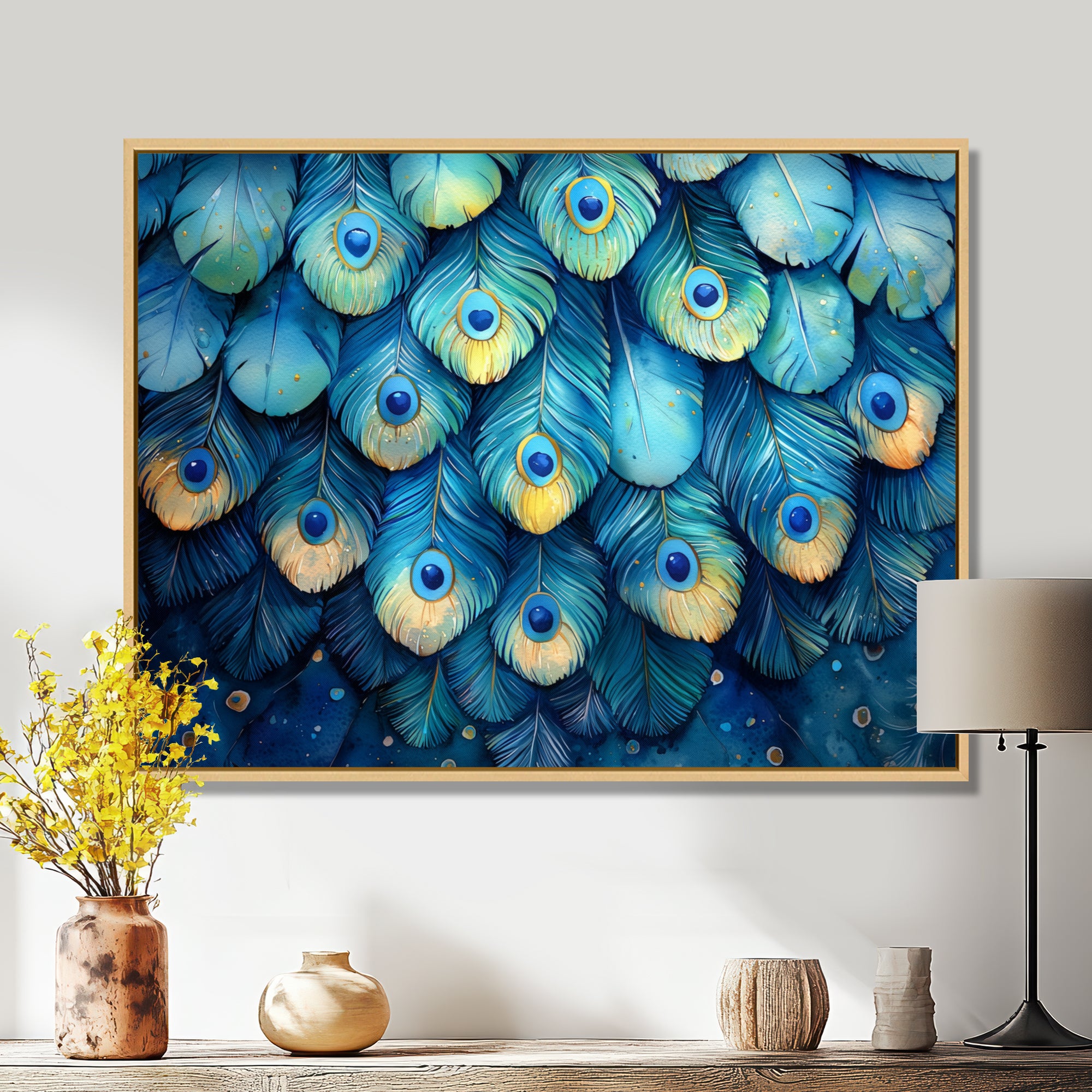 Peacock Feather Collage - Bird Framed Canvas Art