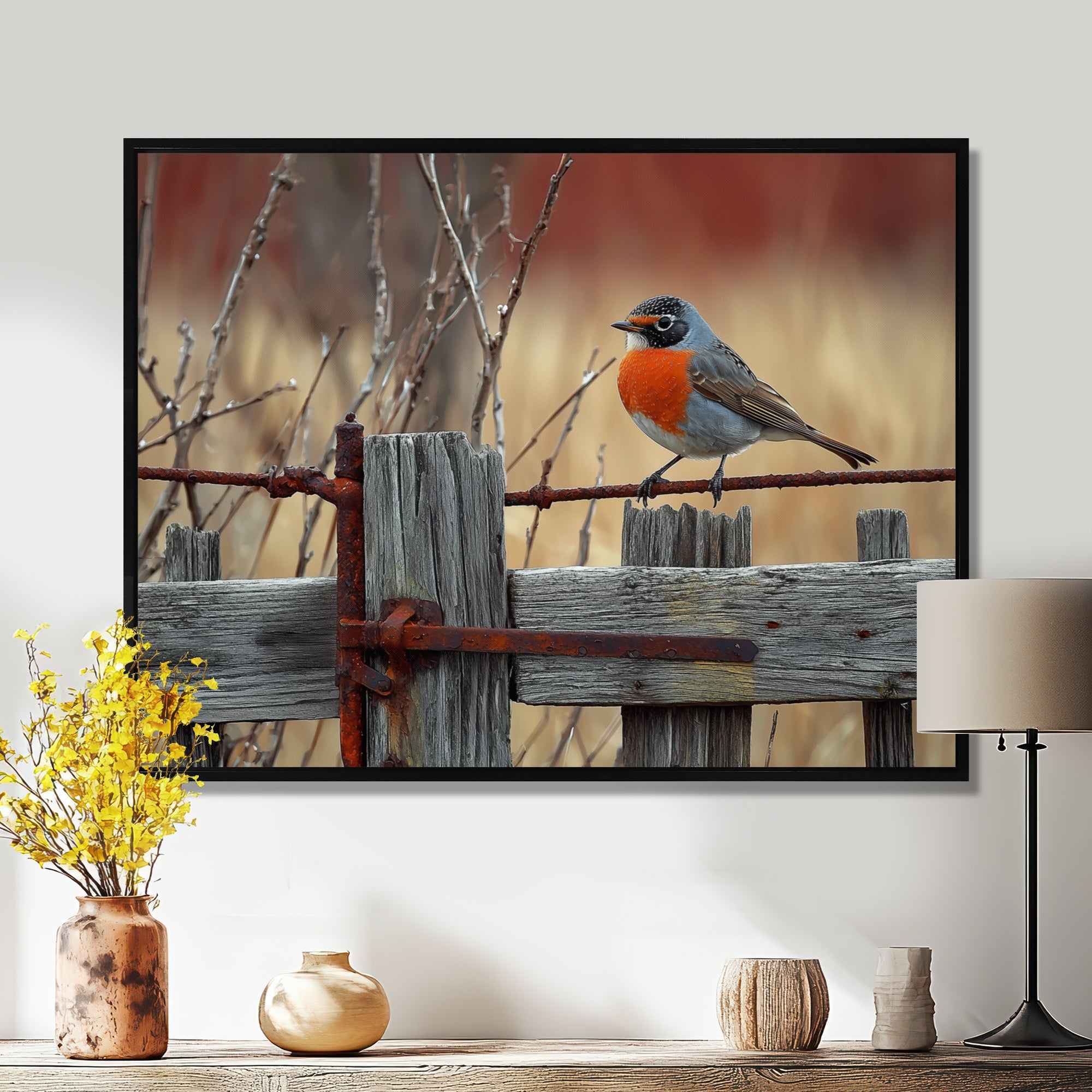 Robin Bird On The Farm Gate - Bird Framed Canvas Art