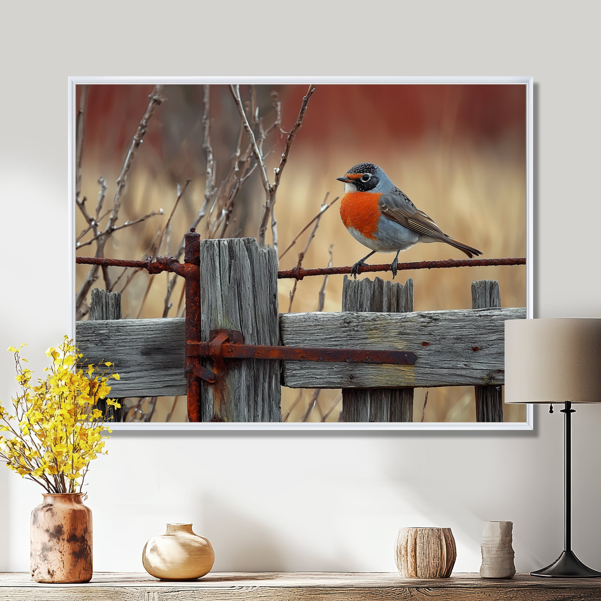 Robin Bird On The Farm Gate - Bird Framed Canvas Art