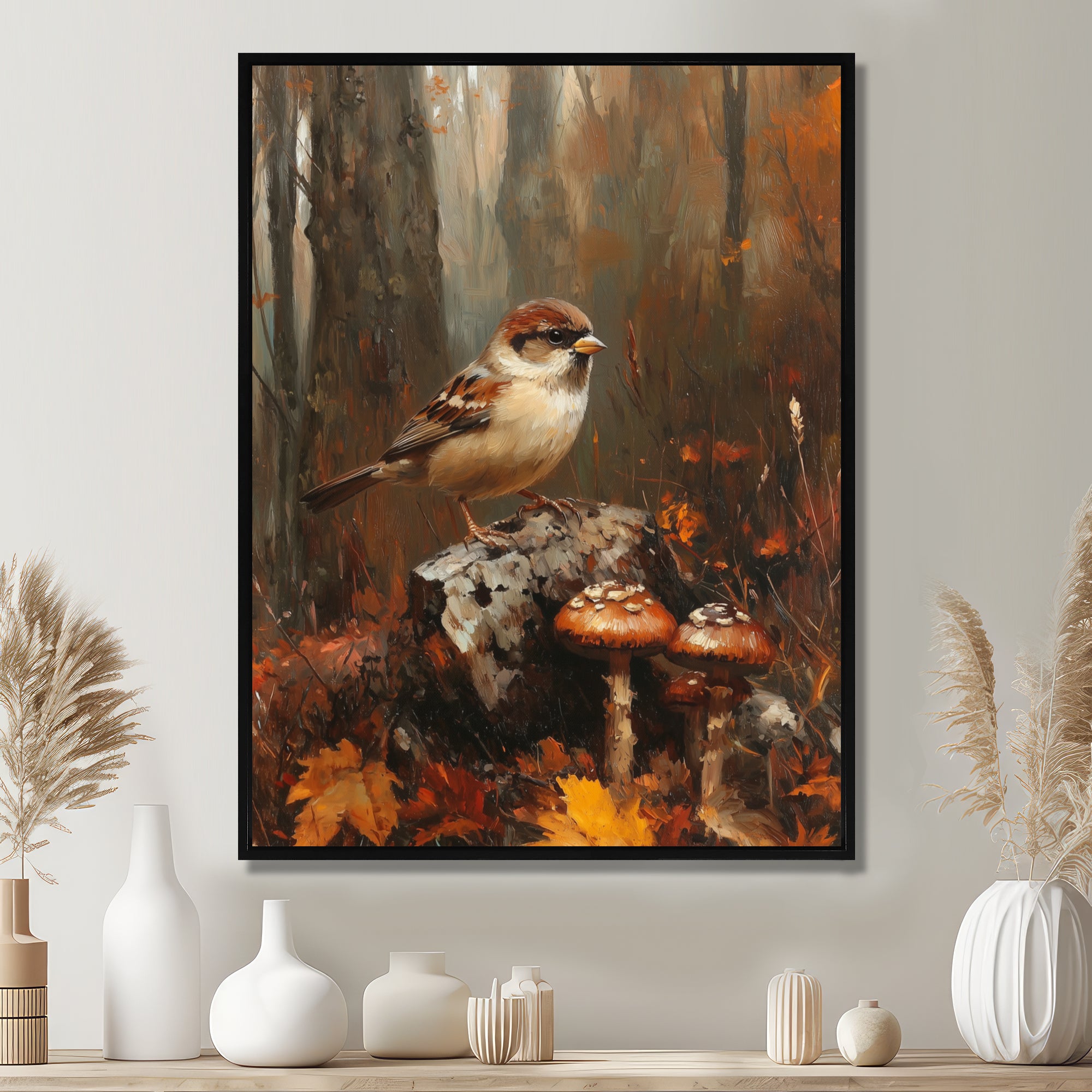 Sparrow Among The Wild Mushrooms - Bird Bedroom Wall Art