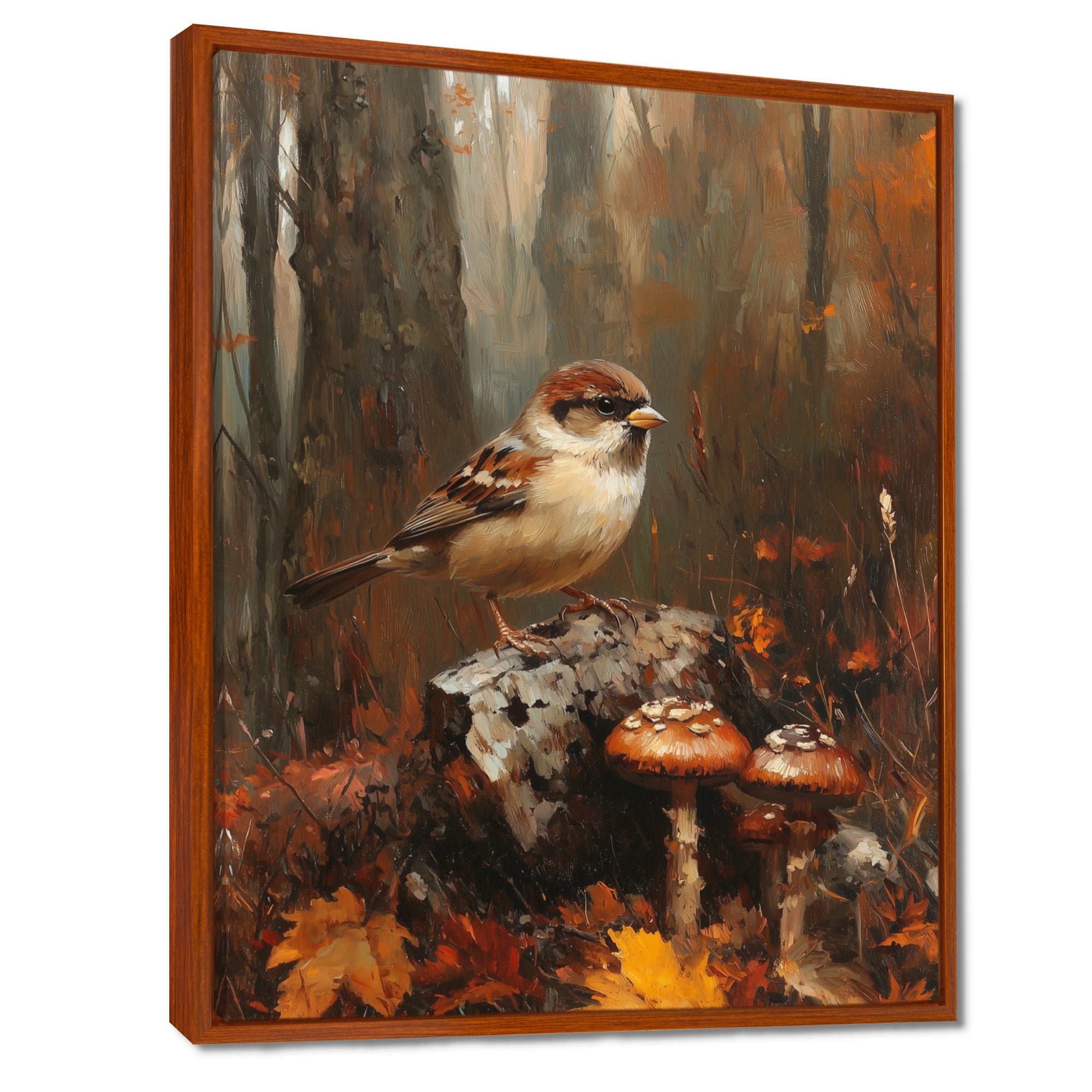 Sparrow Among The Wild Mushrooms - Bird Bedroom Wall Art
