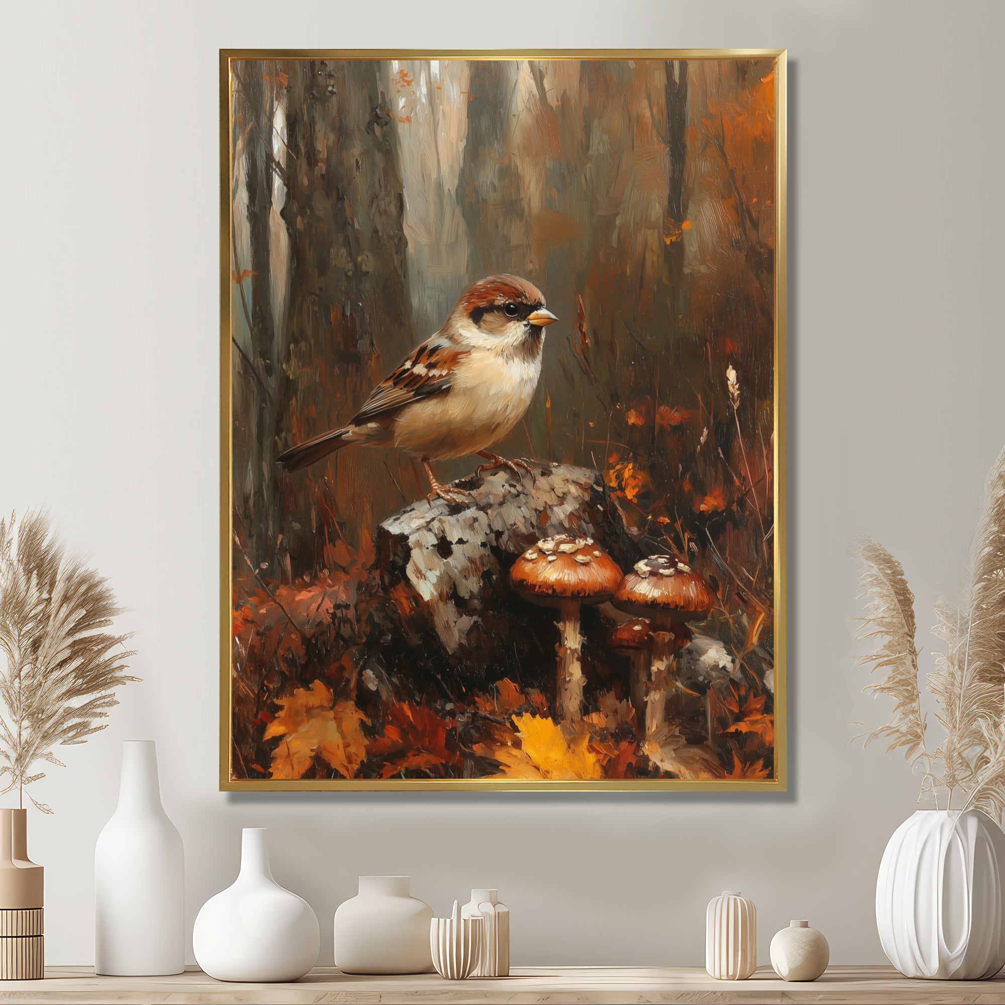 Sparrow Among The Wild Mushrooms - Bird Bedroom Wall Art