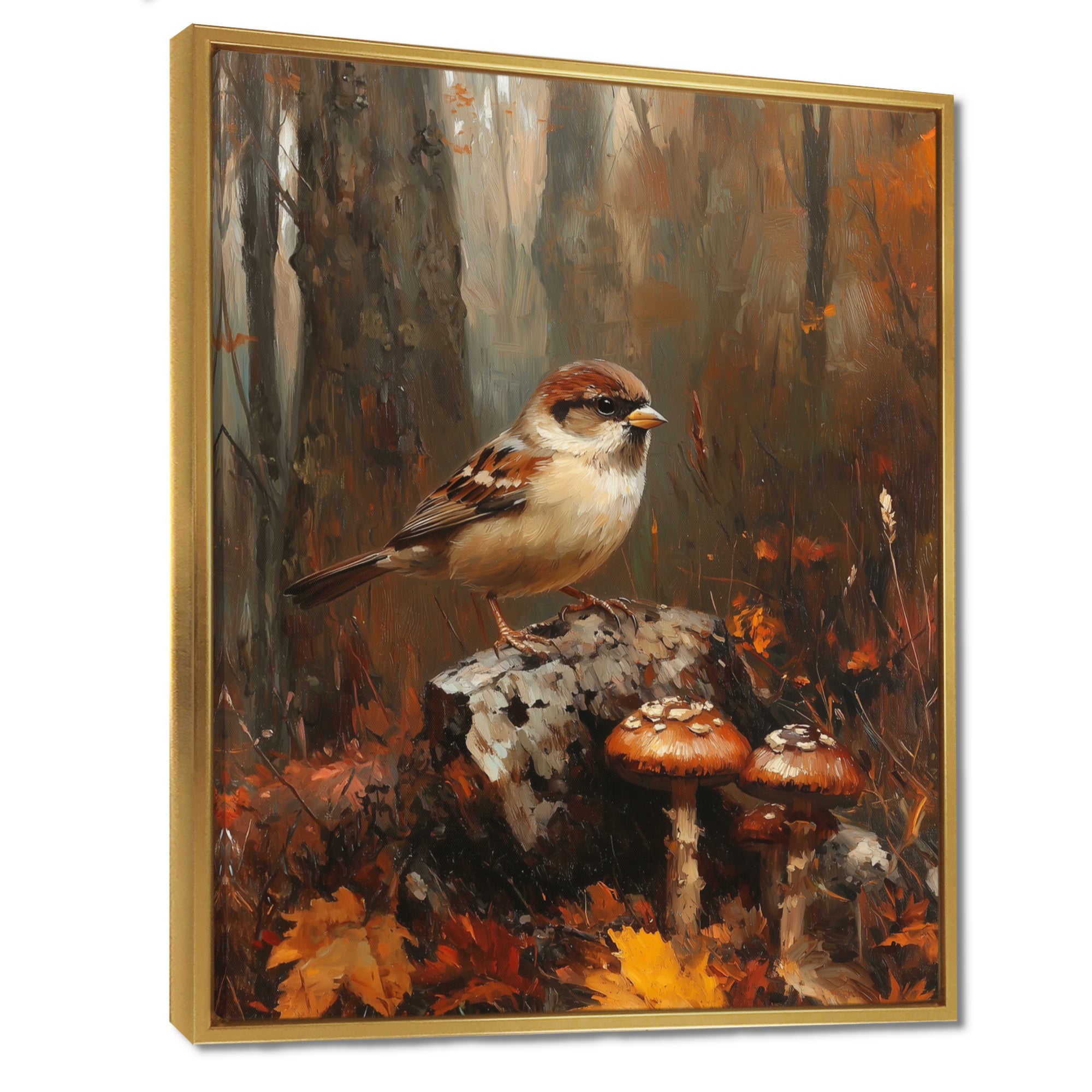 Sparrow Among The Wild Mushrooms - Bird Bedroom Wall Art