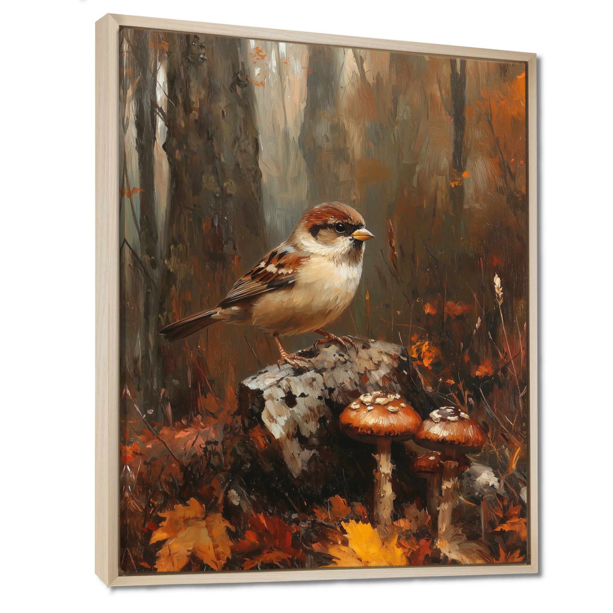 Sparrow Among The Wild Mushrooms - Bird Bedroom Wall Art