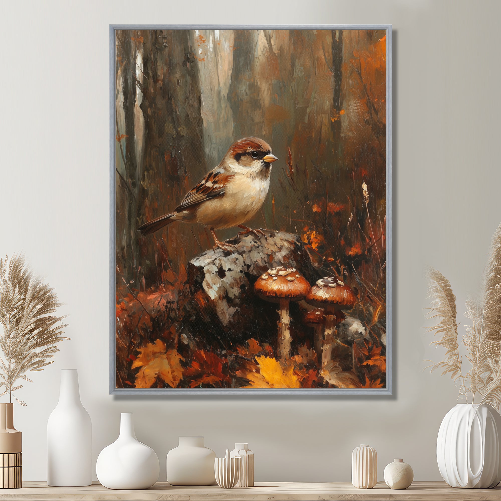 Sparrow Among The Wild Mushrooms - Bird Bedroom Wall Art
