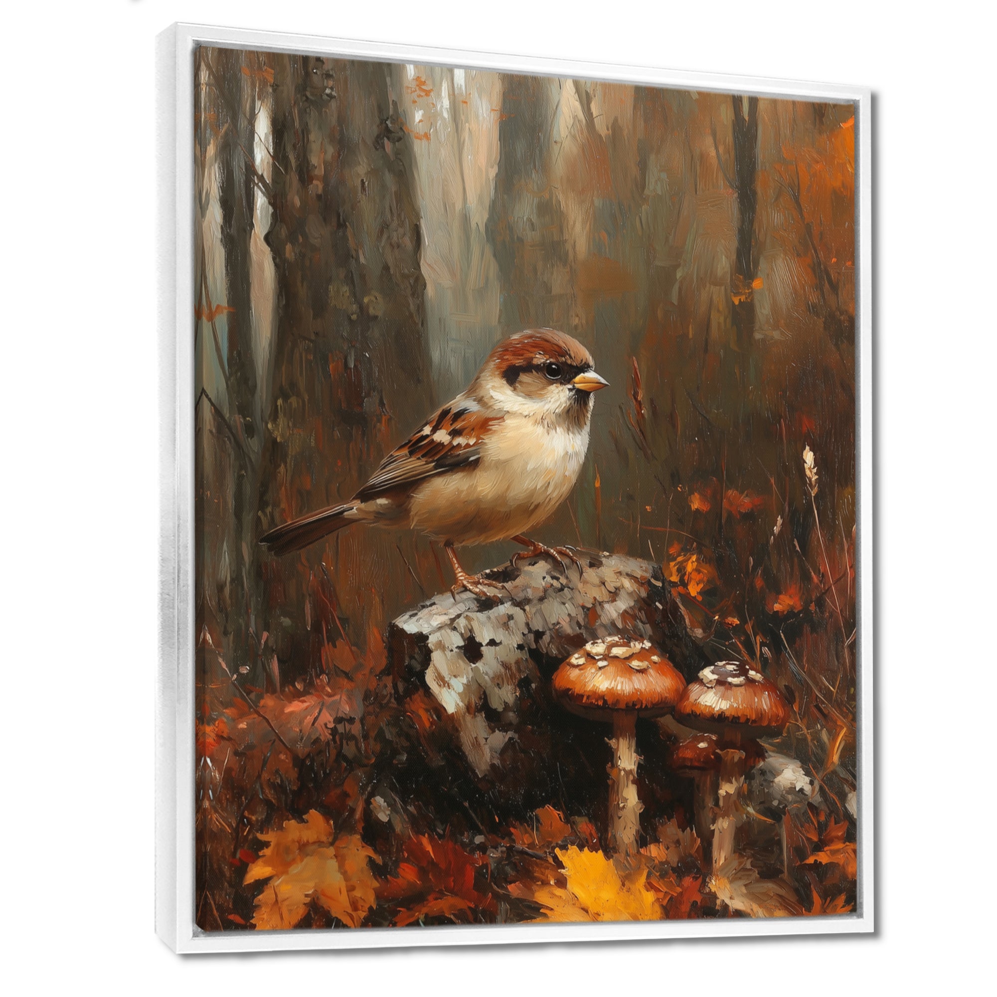 Sparrow Among The Wild Mushrooms - Bird Bedroom Wall Art