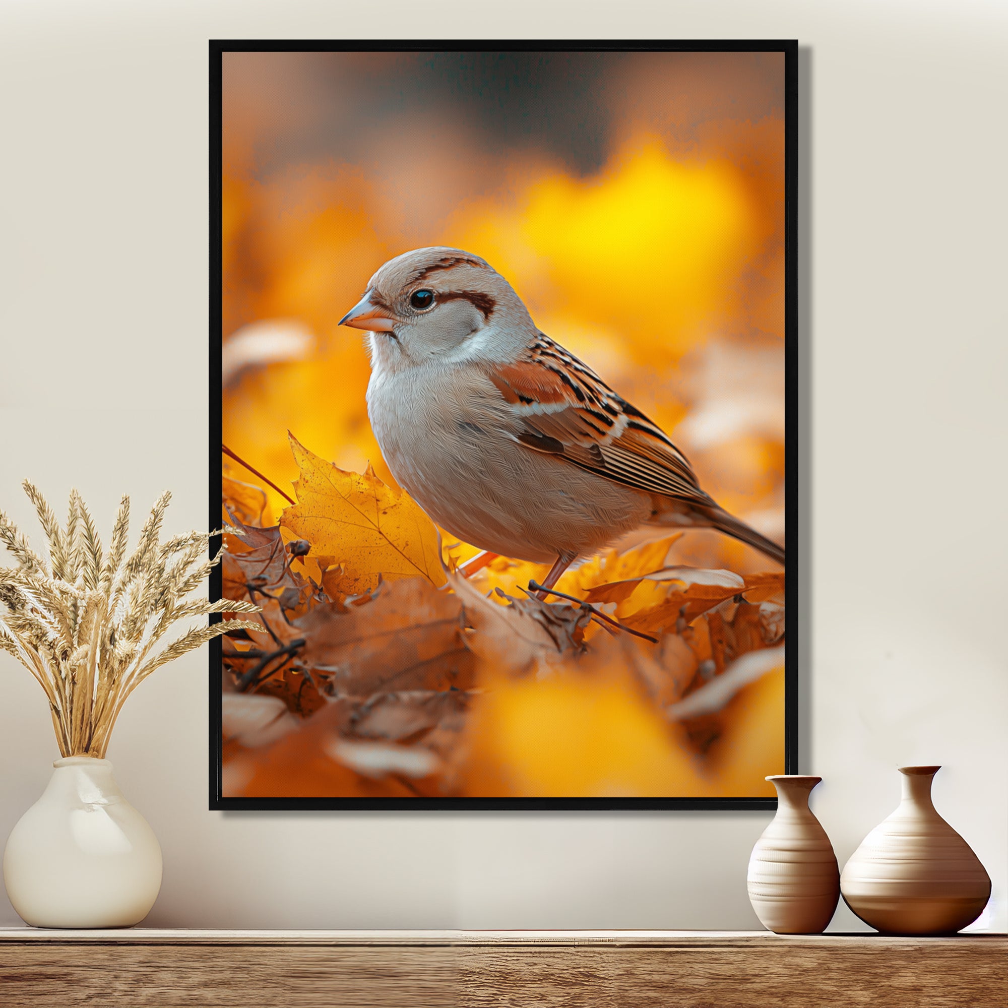 Sparrow Bird In The Autumn Leaves - Bird Canvas Wall Art
