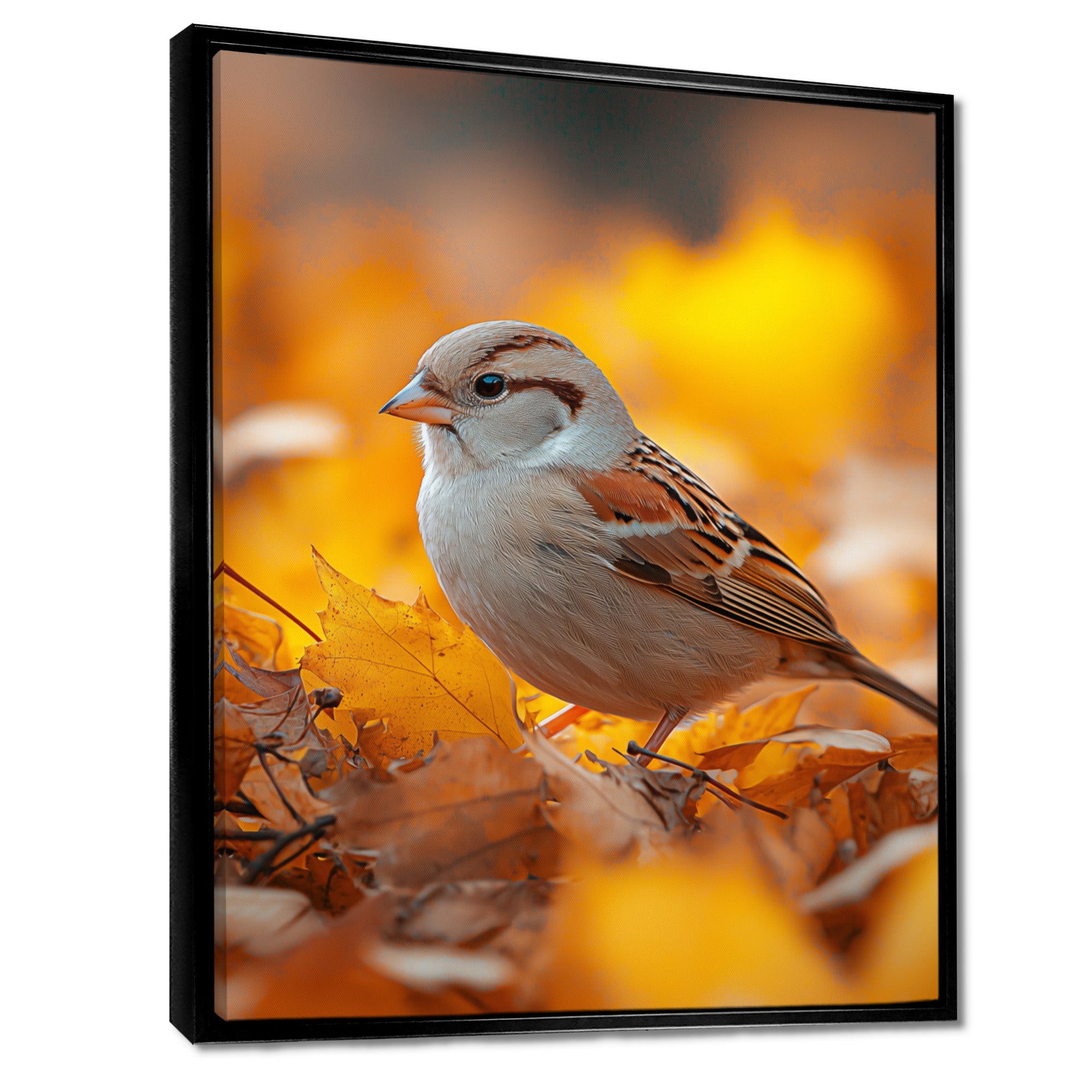 Sparrow Bird In The Autumn Leaves - Bird Canvas Wall Art
