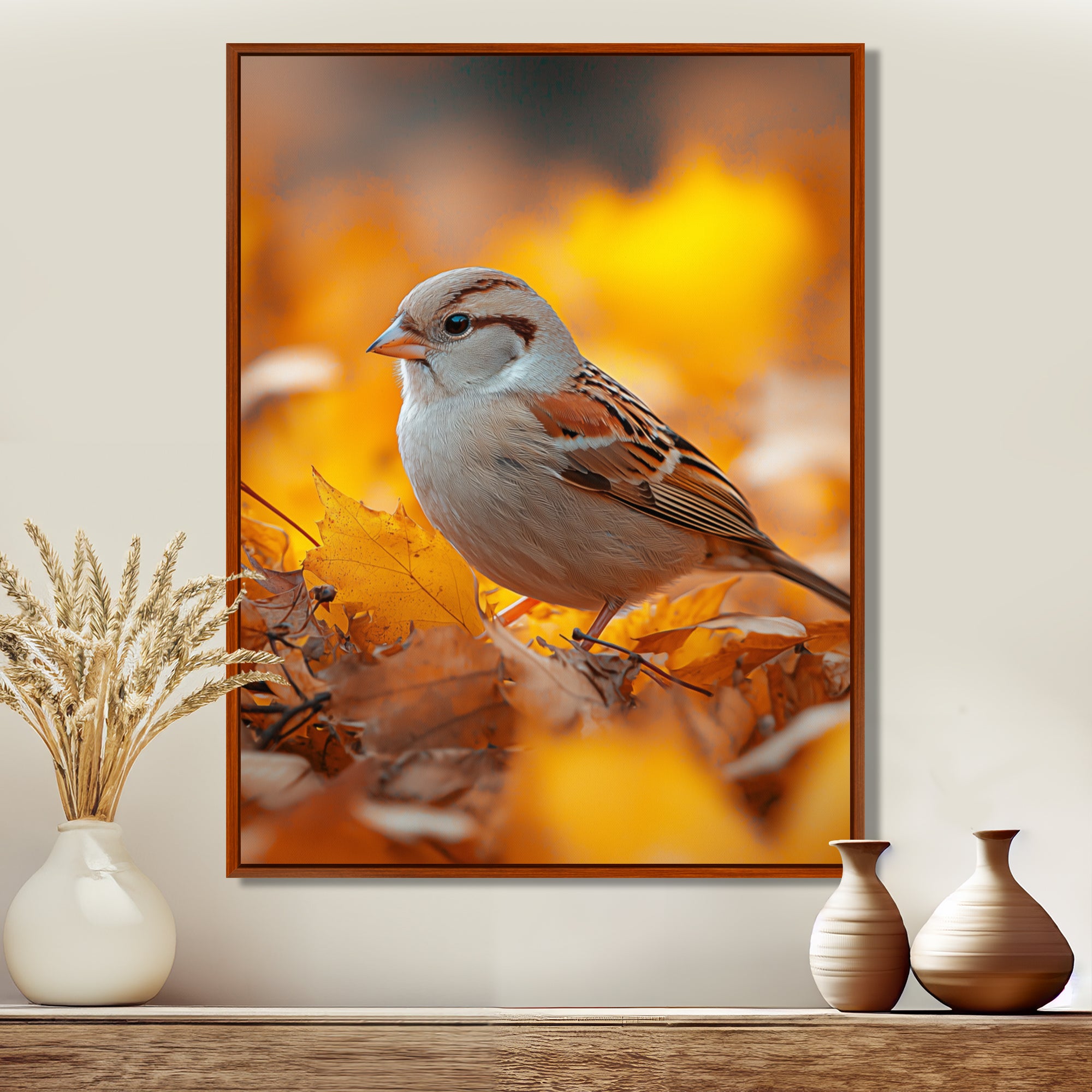 Sparrow Bird In The Autumn Leaves - Bird Canvas Wall Art