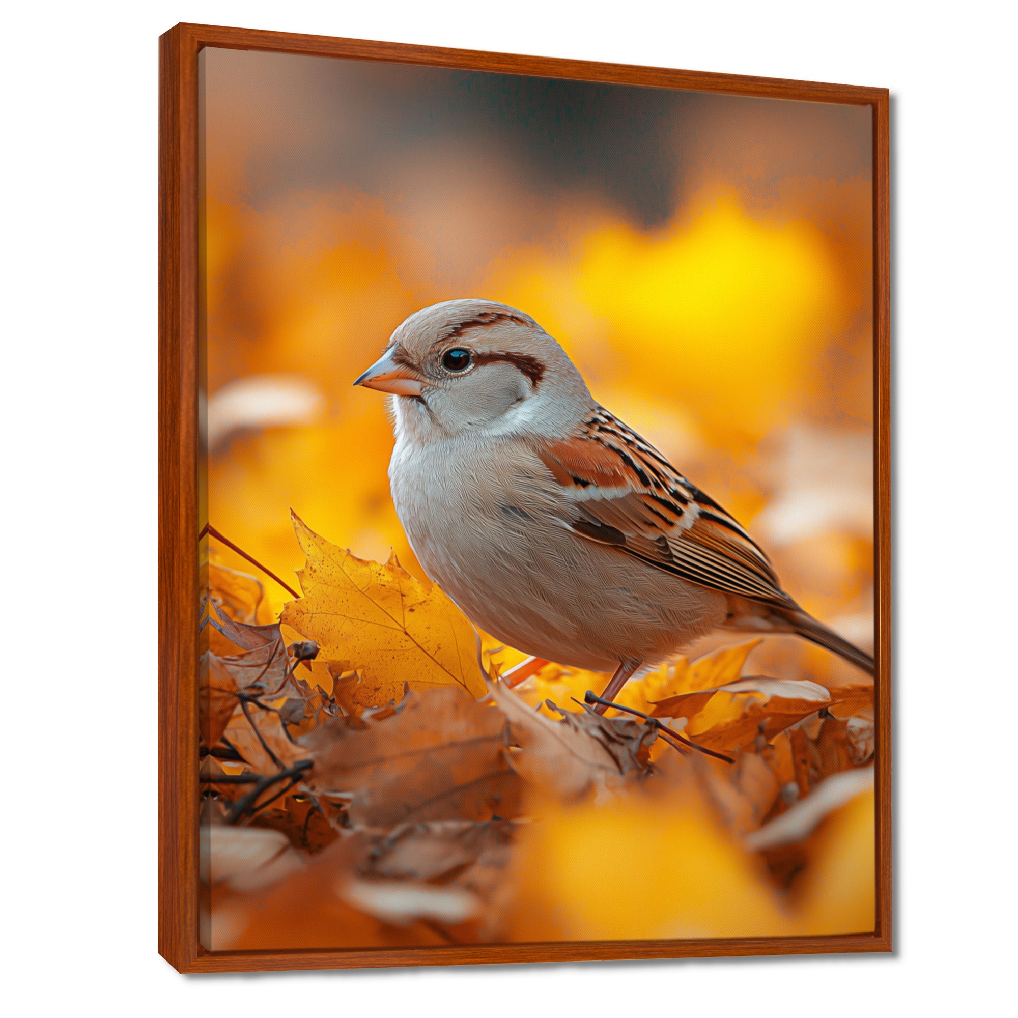 Sparrow Bird In The Autumn Leaves - Bird Canvas Wall Art