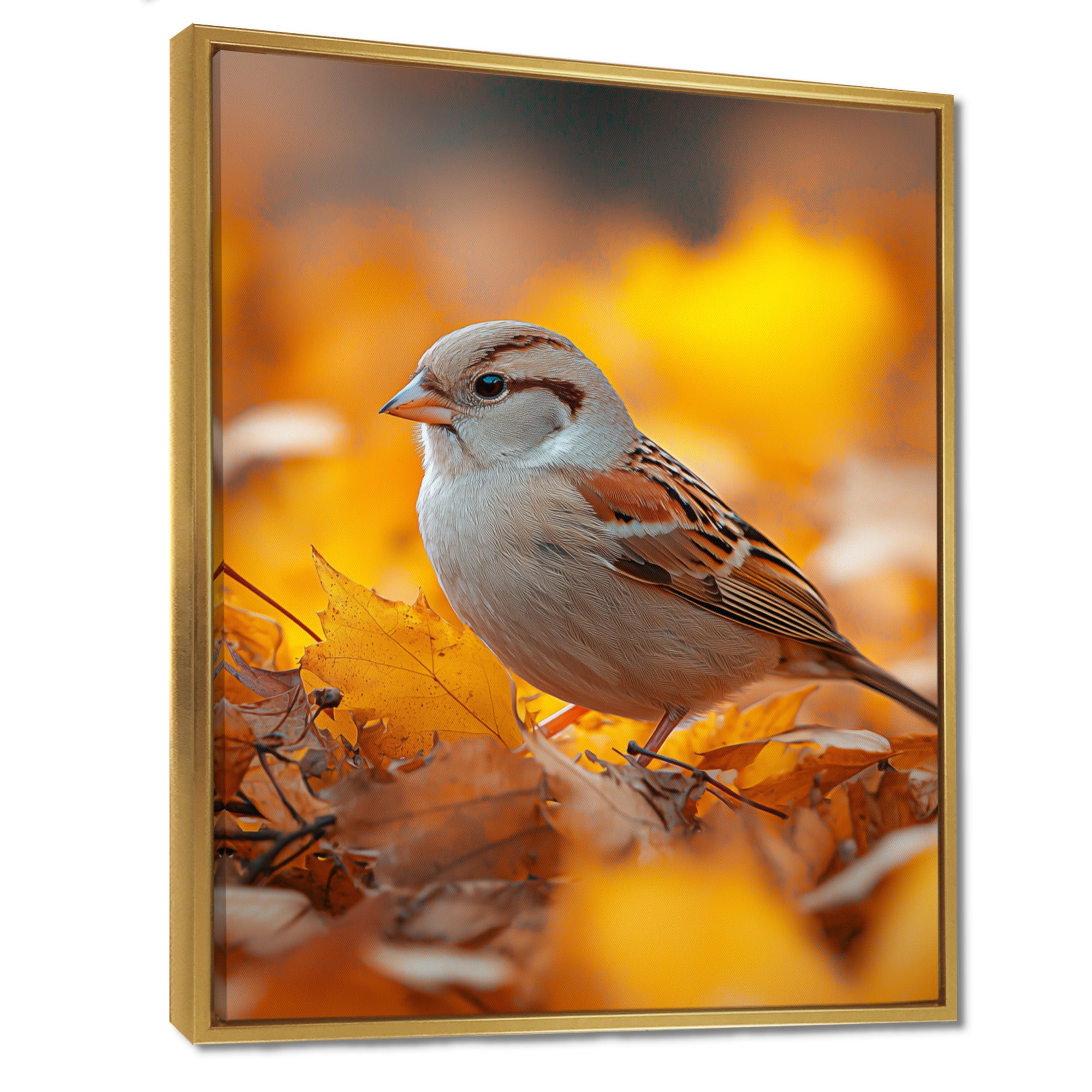 Sparrow Bird In The Autumn Leaves - Bird Canvas Wall Art