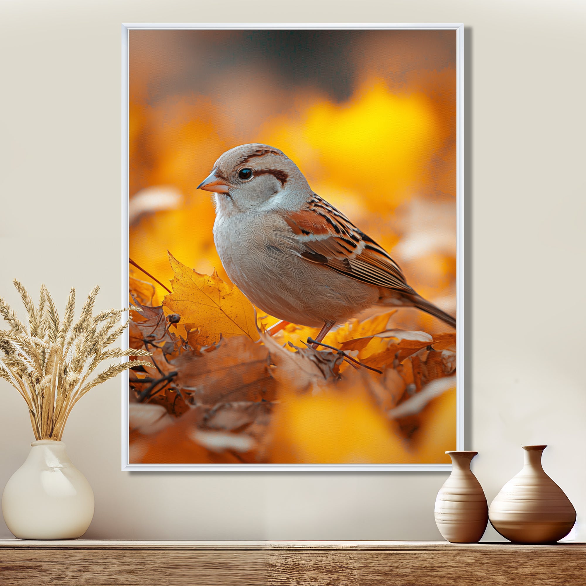 Sparrow Bird In The Autumn Leaves - Bird Canvas Wall Art