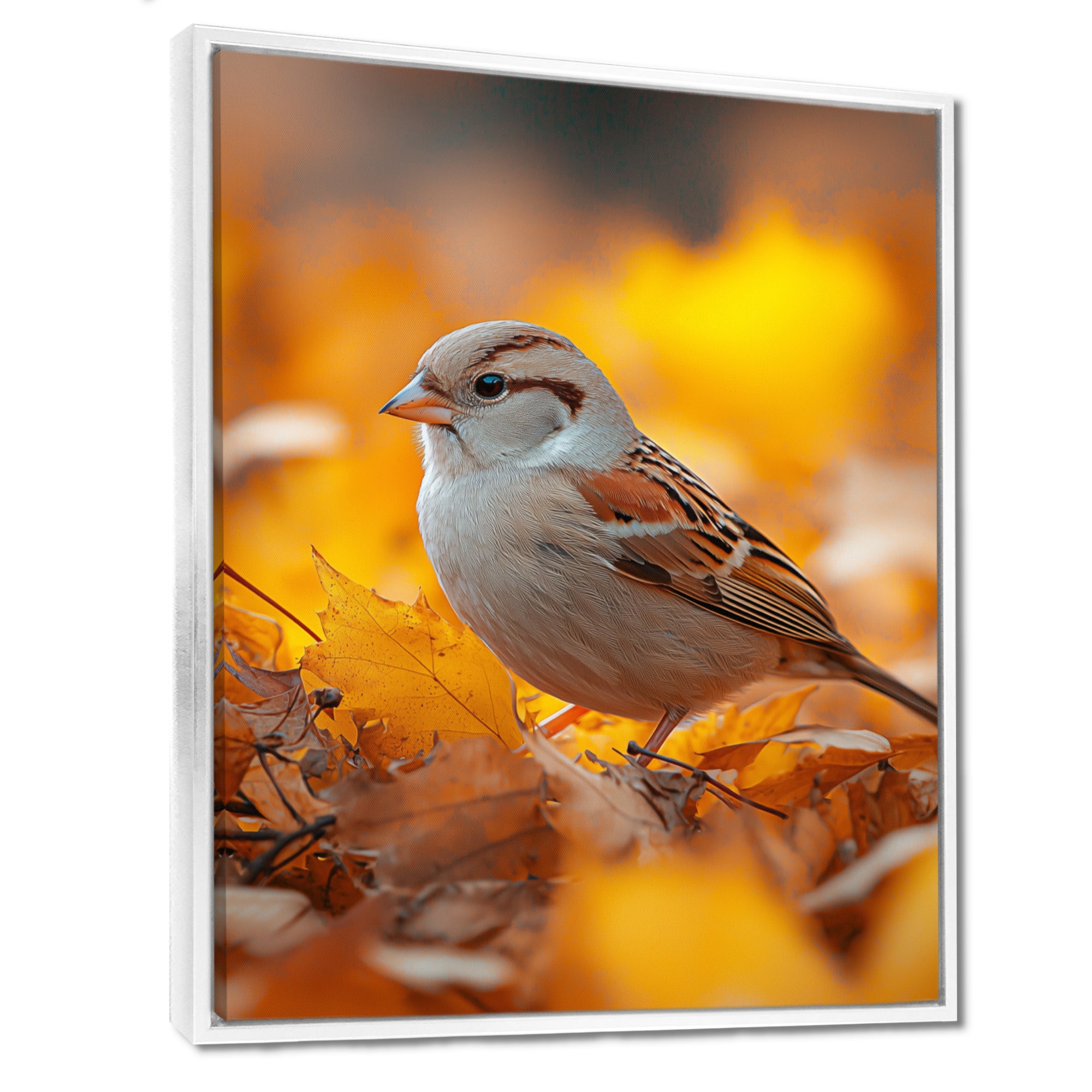 Sparrow Bird In The Autumn Leaves - Bird Canvas Wall Art