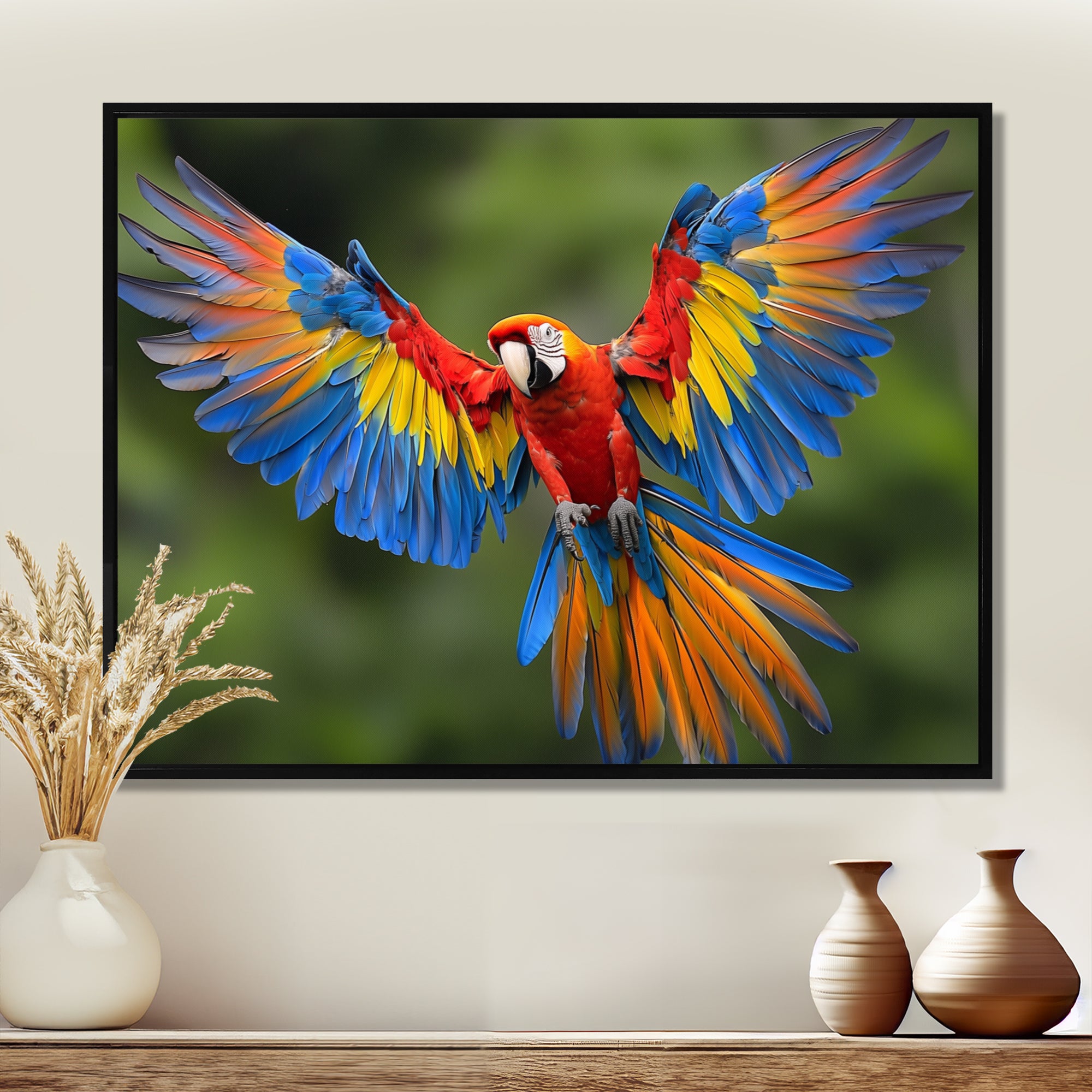 Vibrant Macaw Flying Photo - Bird Large Canvas Wall Art