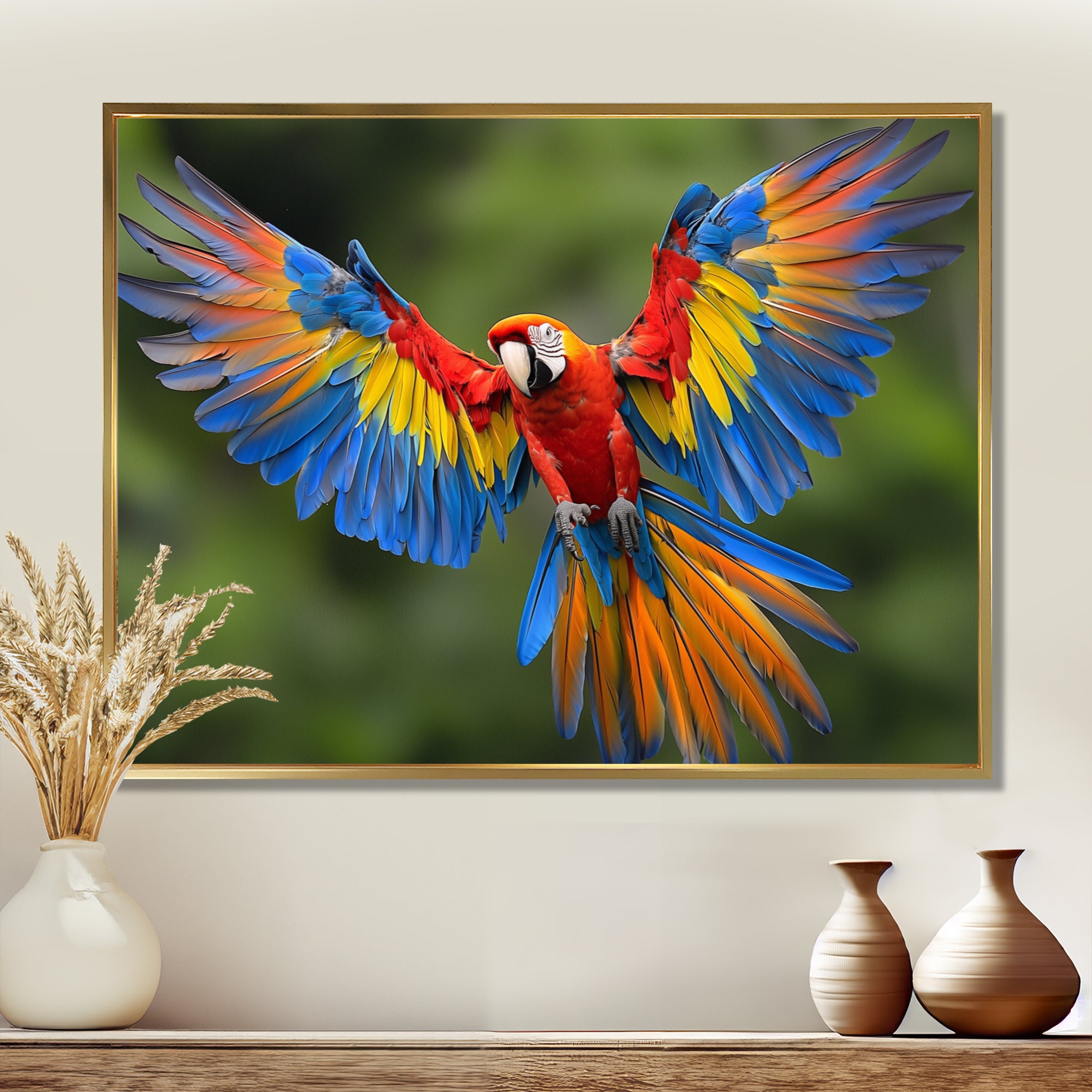 Vibrant Macaw Flying Photo - Bird Large Canvas Wall Art