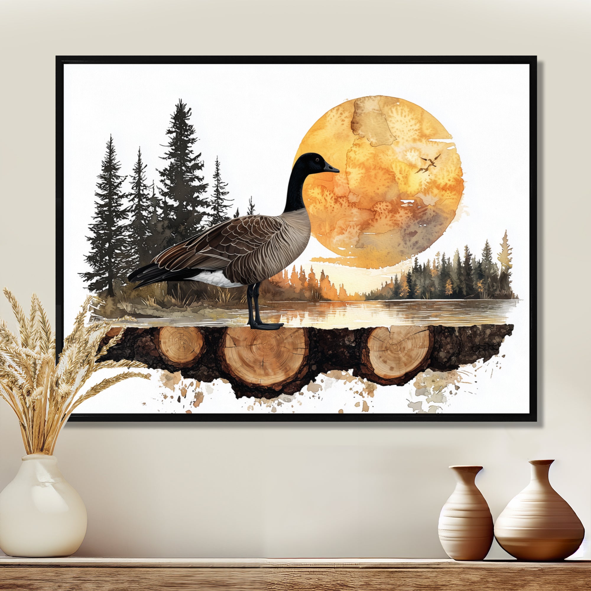 Goose In Sunrise Forest Lake Landscape - Goose Wall Art Prints