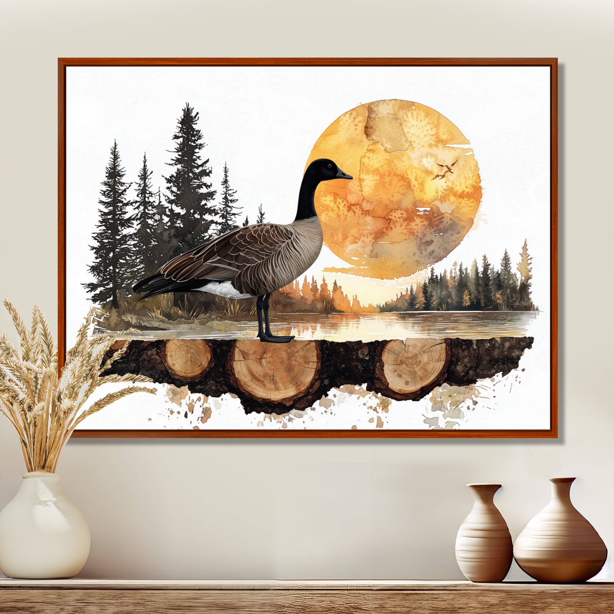 Goose In Sunrise Forest Lake Landscape - Goose Wall Art Prints