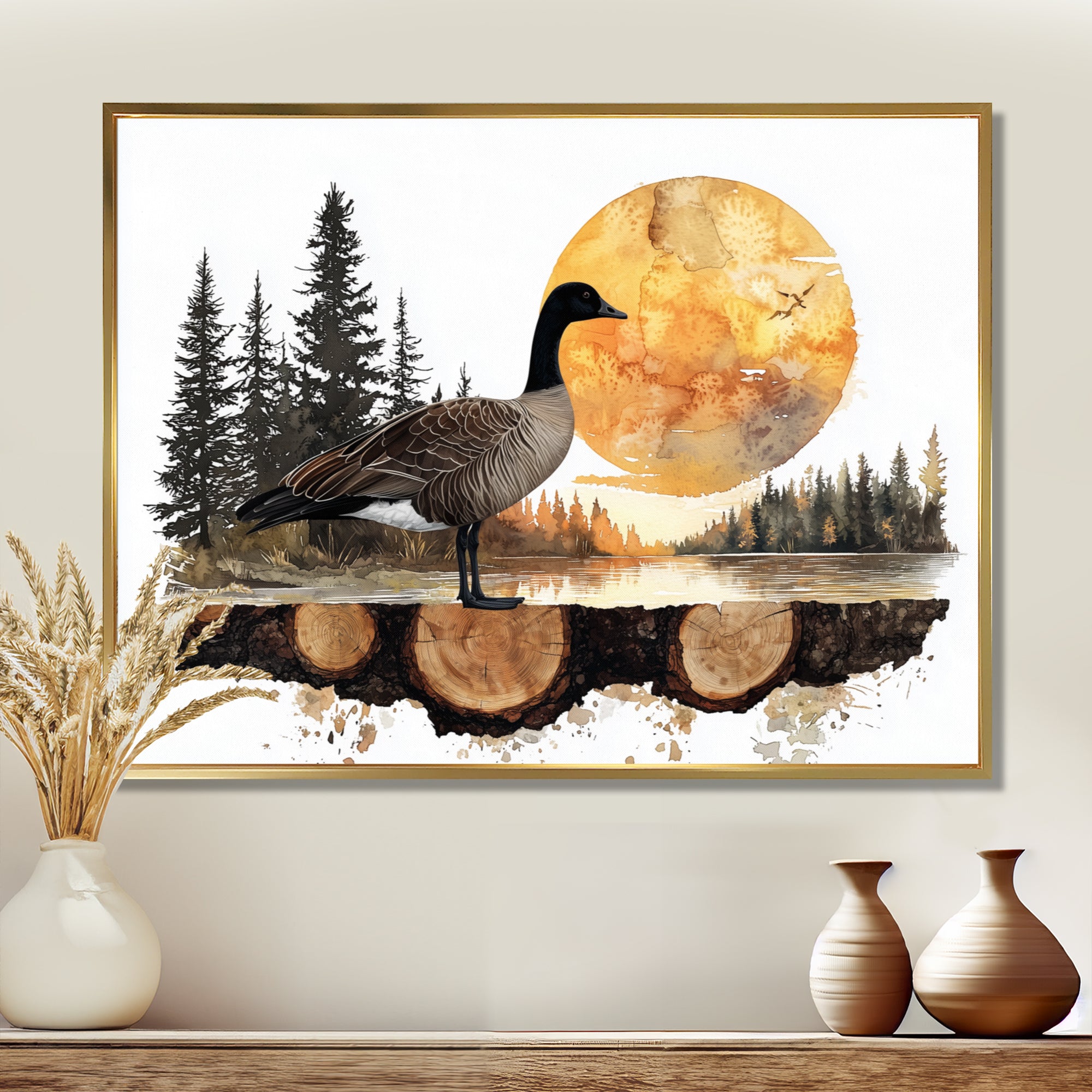Goose In Sunrise Forest Lake Landscape - Goose Wall Art Prints
