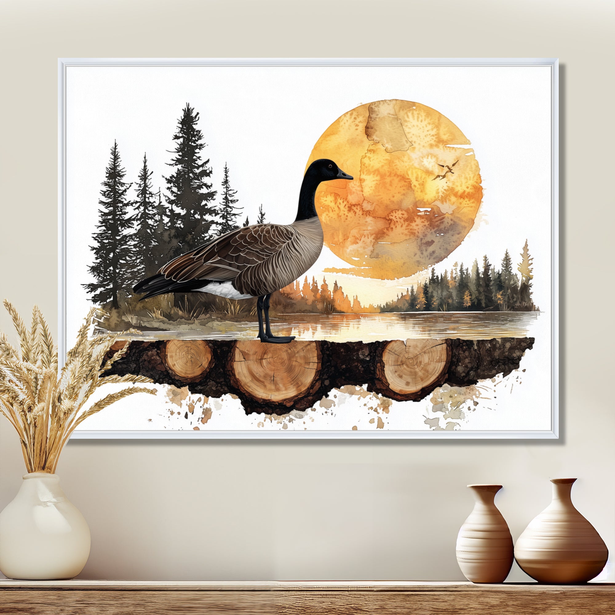 Goose In Sunrise Forest Lake Landscape - Goose Wall Art Prints