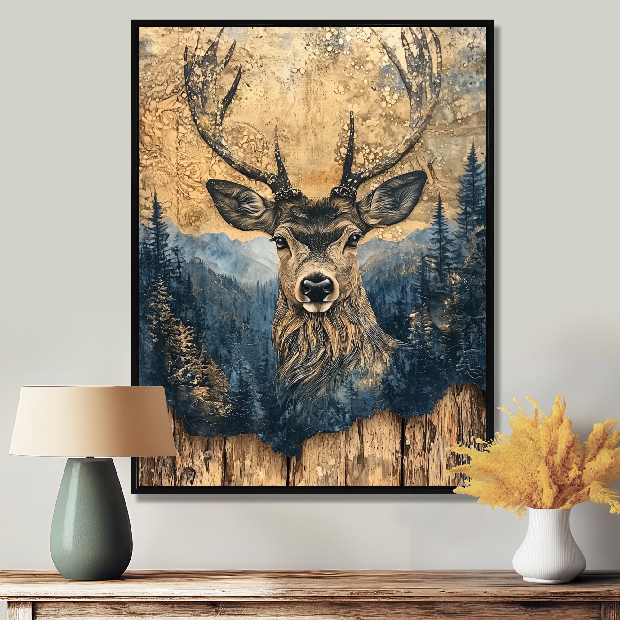 Deer Portrait With Chinese Ink Landscape - Deer Living Room Wall Art