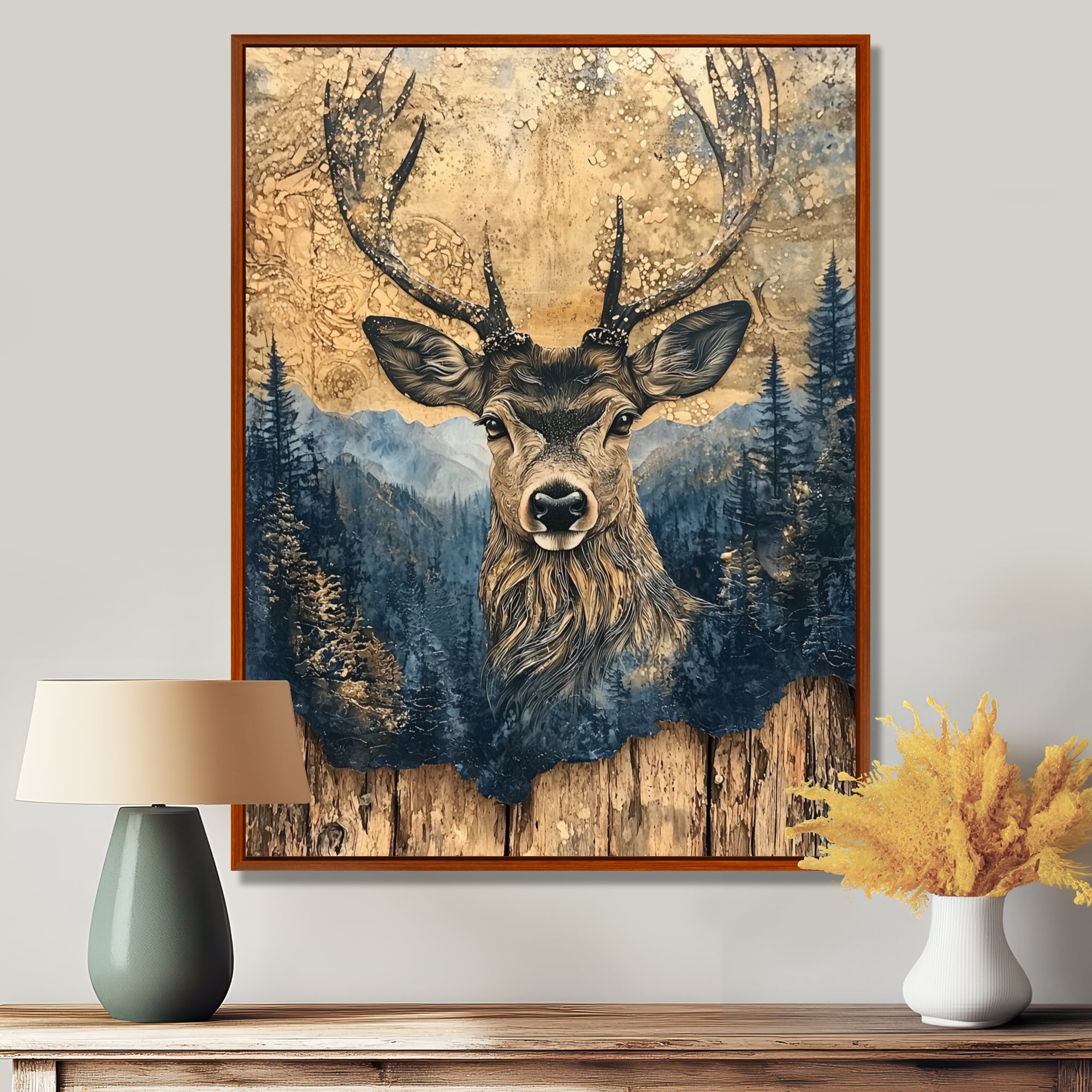 Deer Portrait With Chinese Ink Landscape - Deer Living Room Wall Art