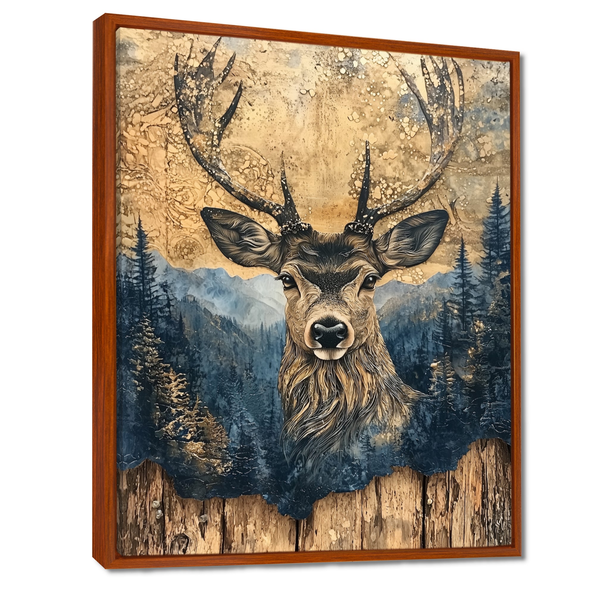 Deer Portrait With Chinese Ink Landscape - Deer Living Room Wall Art
