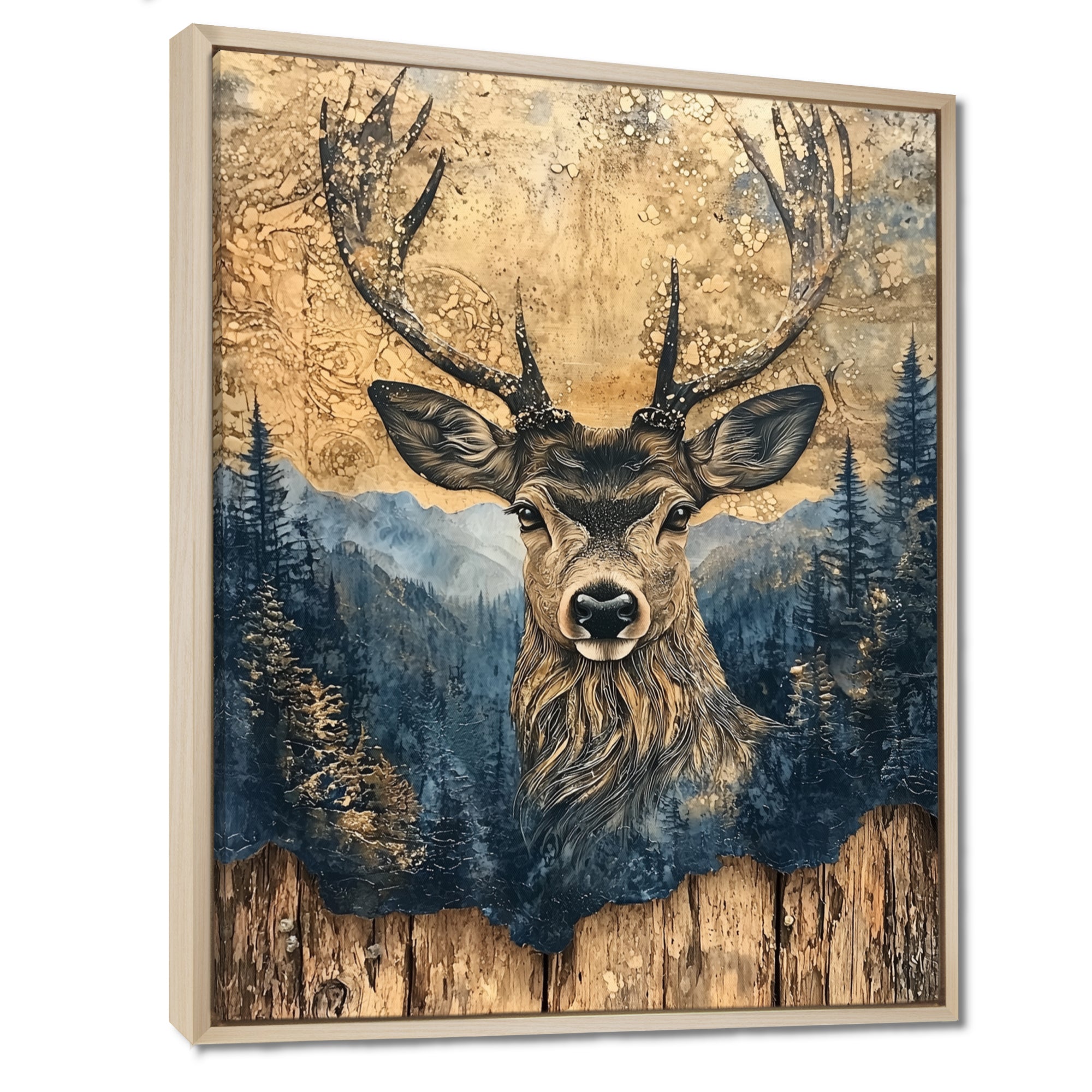 Deer Portrait With Chinese Ink Landscape - Deer Living Room Wall Art