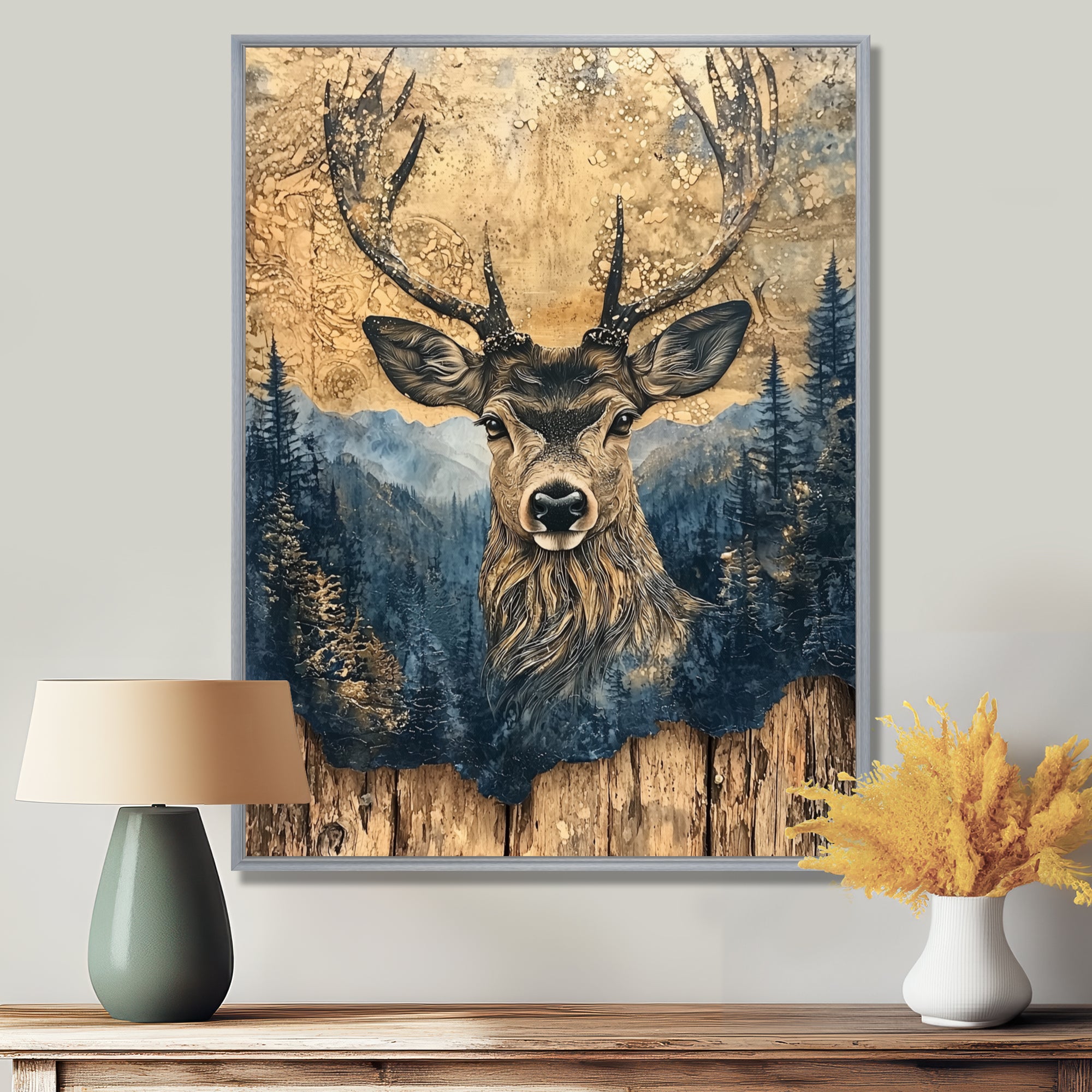 Deer Portrait With Chinese Ink Landscape - Deer Living Room Wall Art