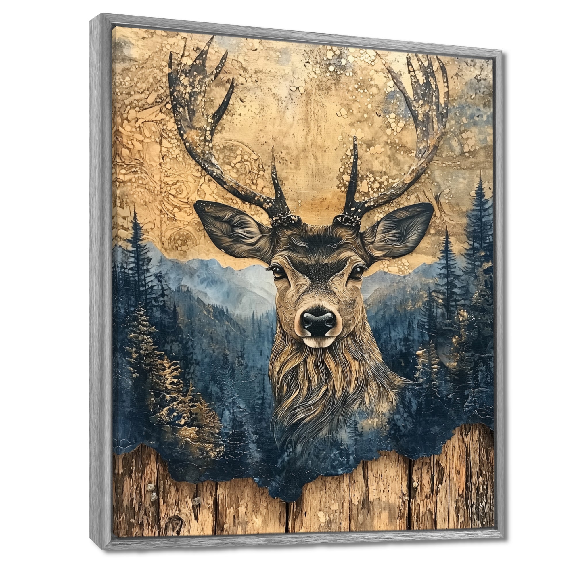 Deer Portrait With Chinese Ink Landscape - Deer Living Room Wall Art